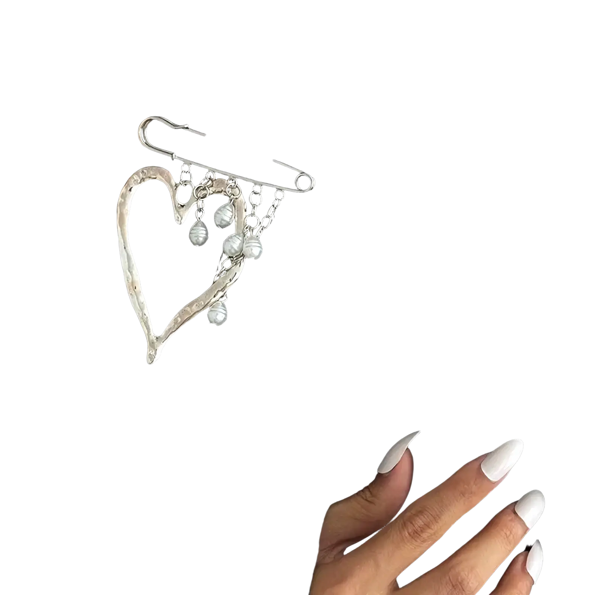 Silver heart-shaped metal pin brooch with dangling pearl-like beads and safety pin clasp for decorative use