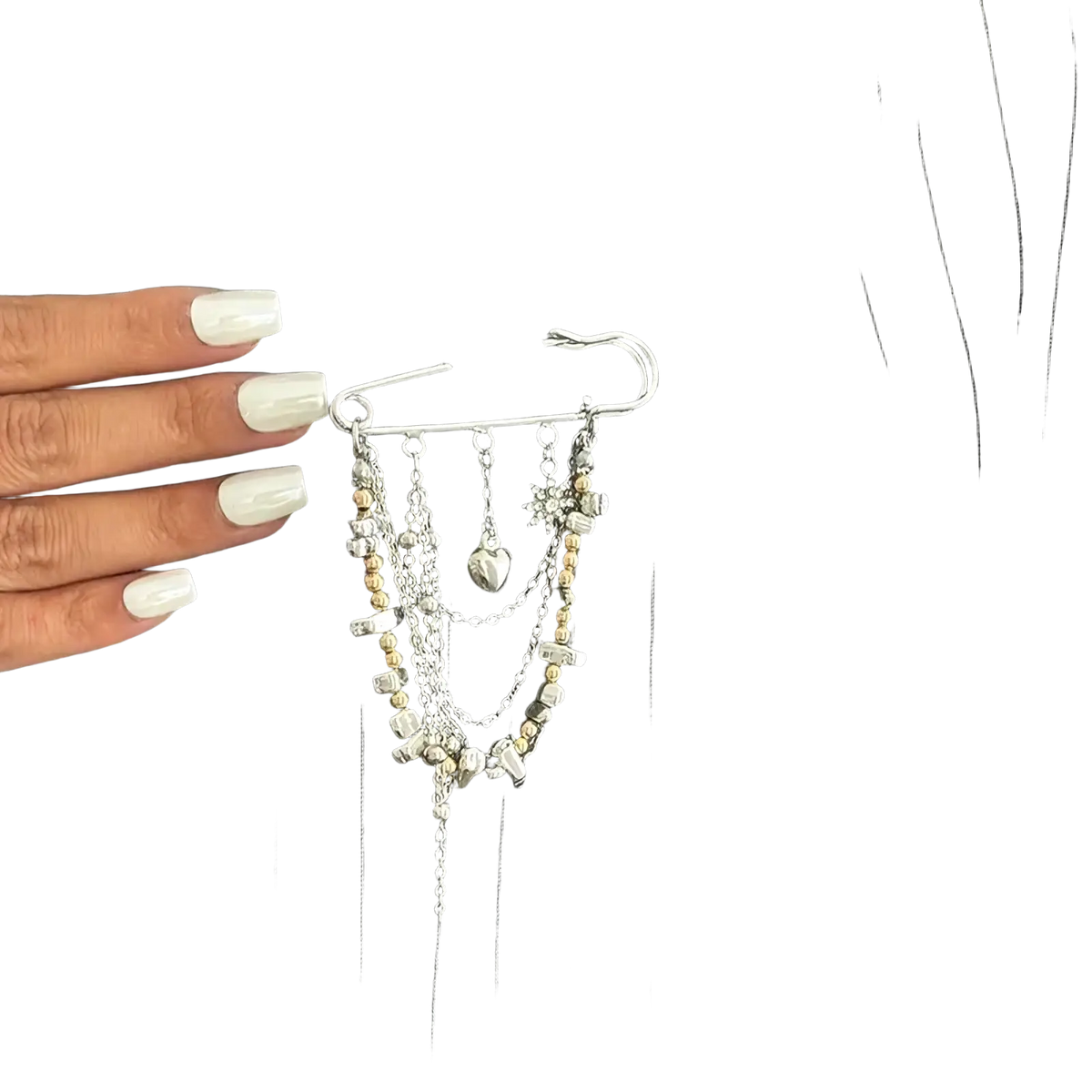 Silver-toned heart beaded tassel brooch metal pin with layered chains, metallic and gold beads, a heart charm, and star pendant