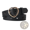 Black leather women belt with heart-shaped cutouts and gold-tone heart buckle for trouser use