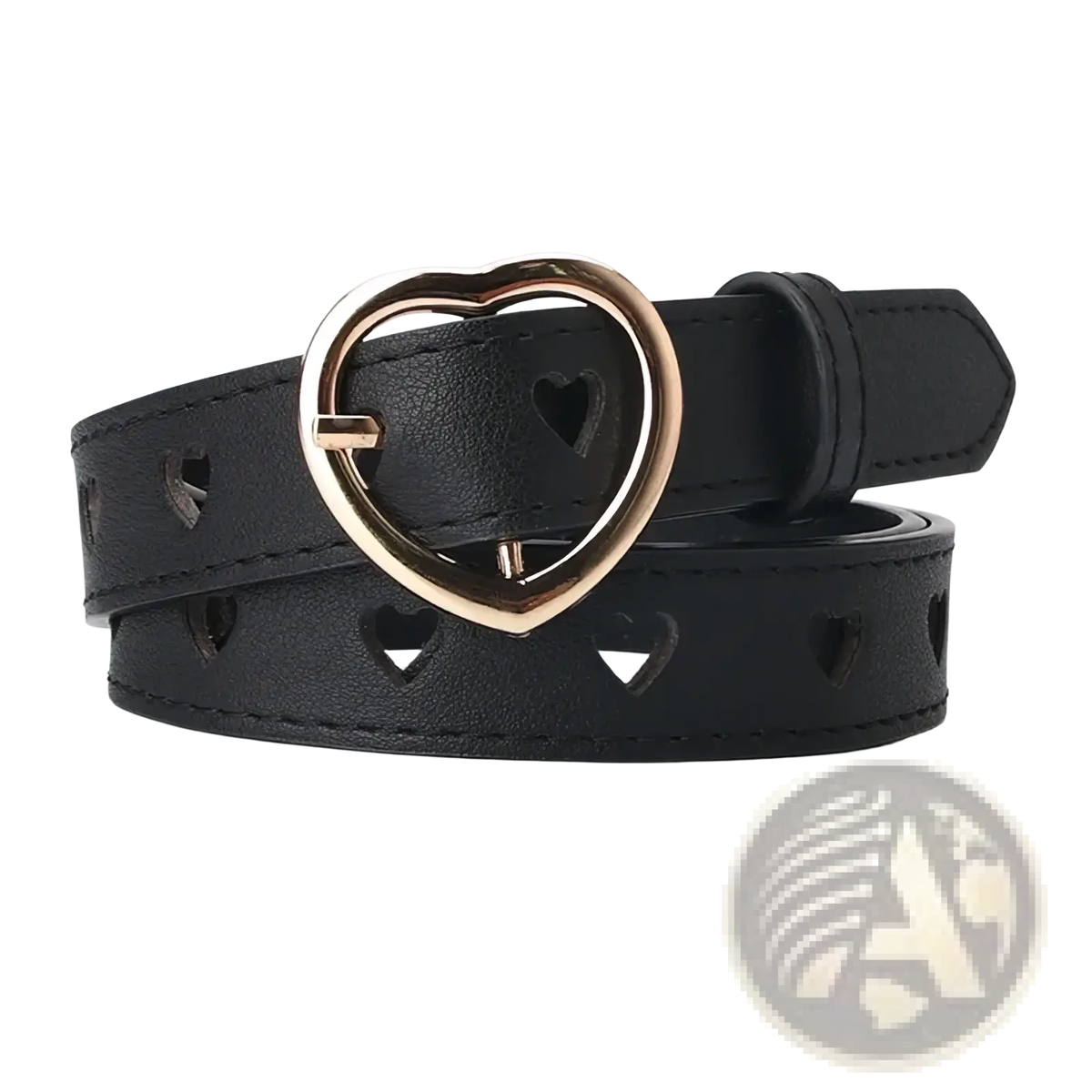 Black leather women belt with heart-shaped cutouts and gold-tone heart buckle for trouser use