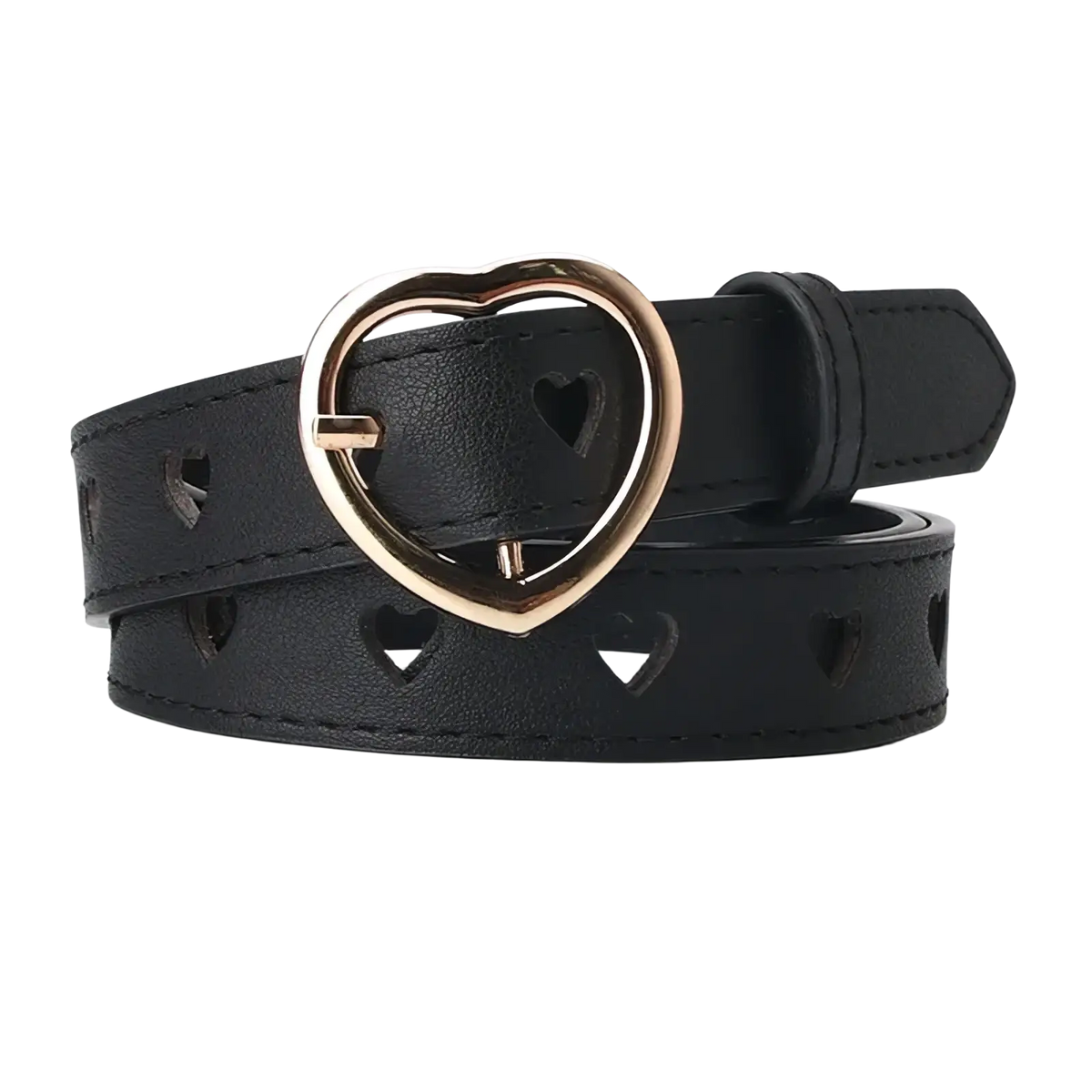 Black leather women belt with heart-shaped cutouts and gold-tone heart buckle for trouser use