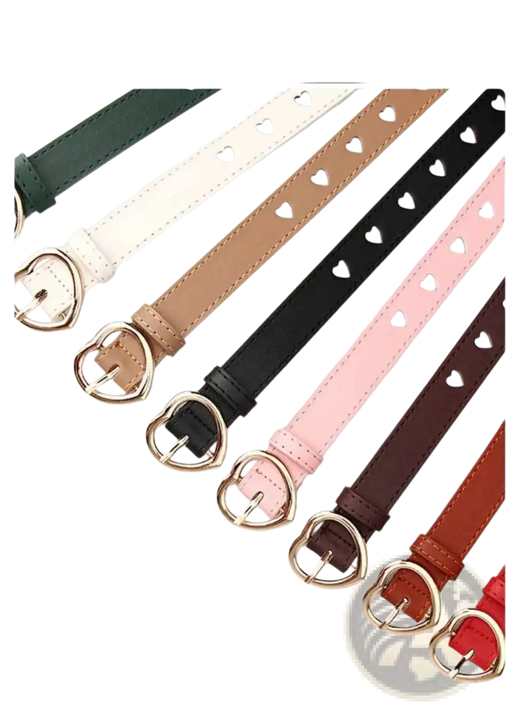 A collection of heart buckle women pu leather belts in green white beige black pink brown and red colors