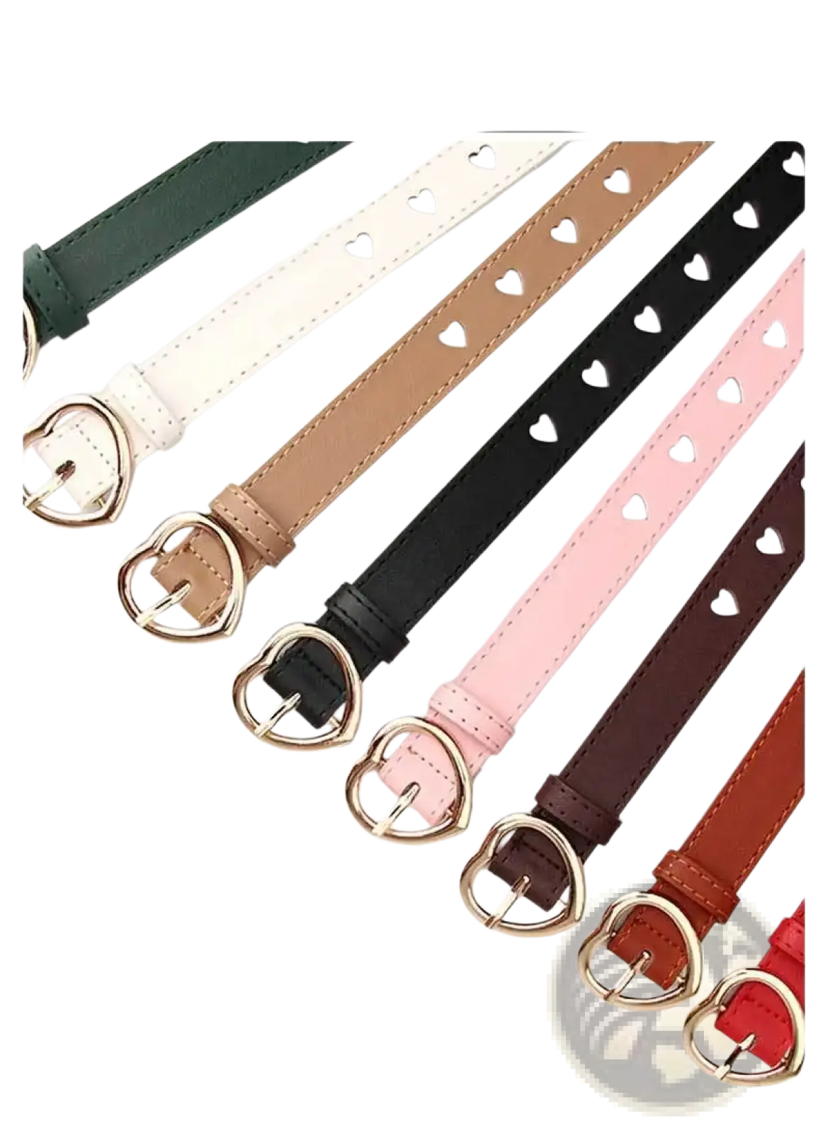 A collection of heart buckle women pu leather belts in green white beige black pink brown and red colors