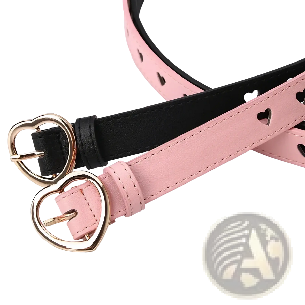 Heart buckle women belts in pink and black cutout pu leather with heart-shaped buckles for trousers