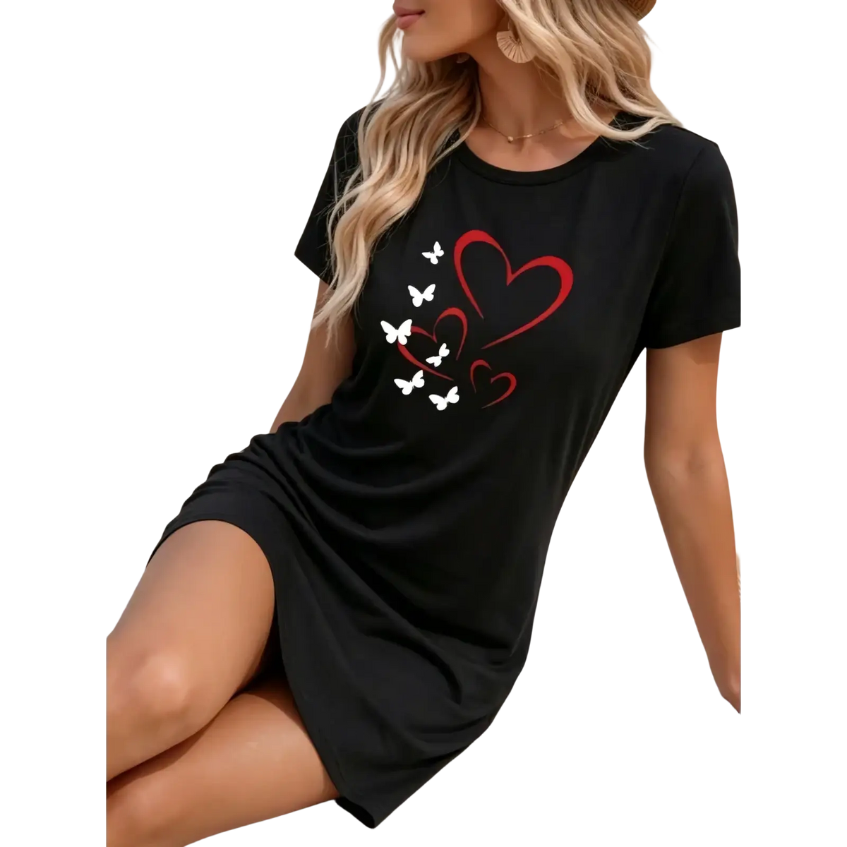 Black short-sleeved cotton t-shirt dress featuring red and white heart and butterfly graphic design