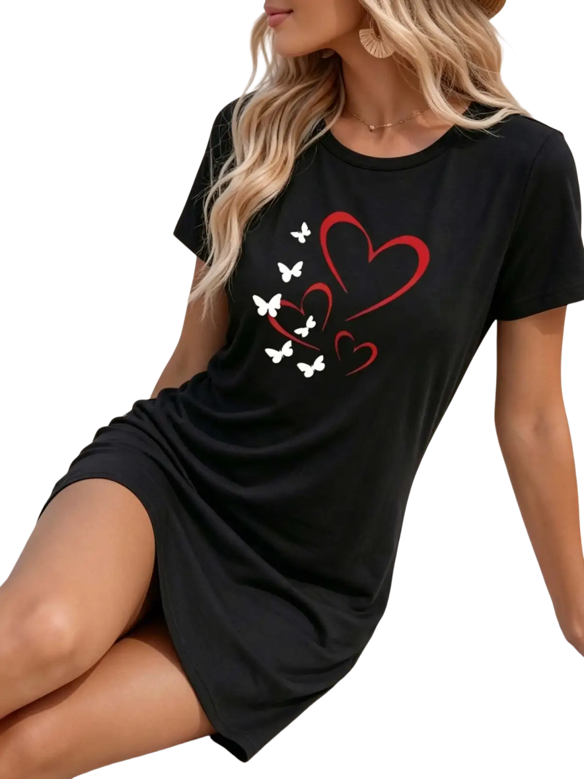 Black short-sleeved t-shirt dress featuring a red and white heart and butterfly graphic print