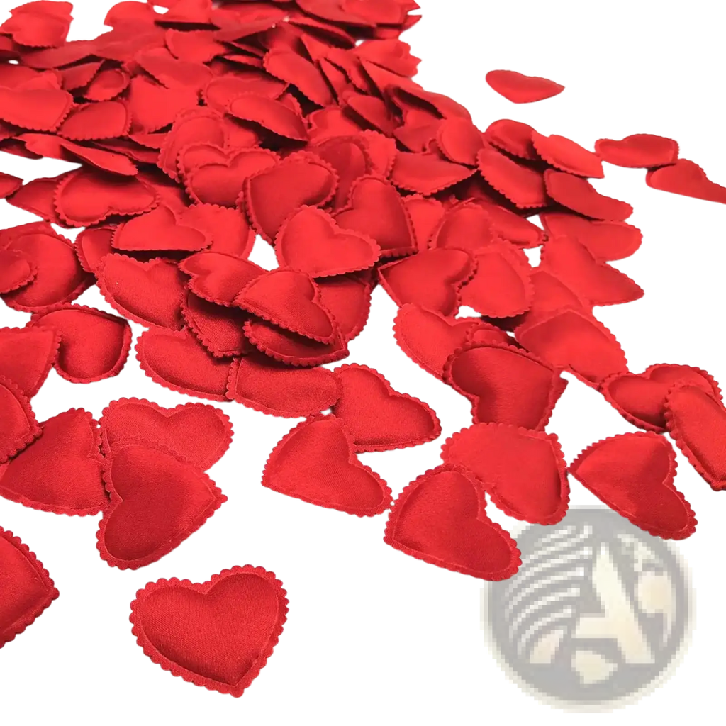 Bright red heart confetti fabric petals with satin finish and scalloped edges for wedding party decor