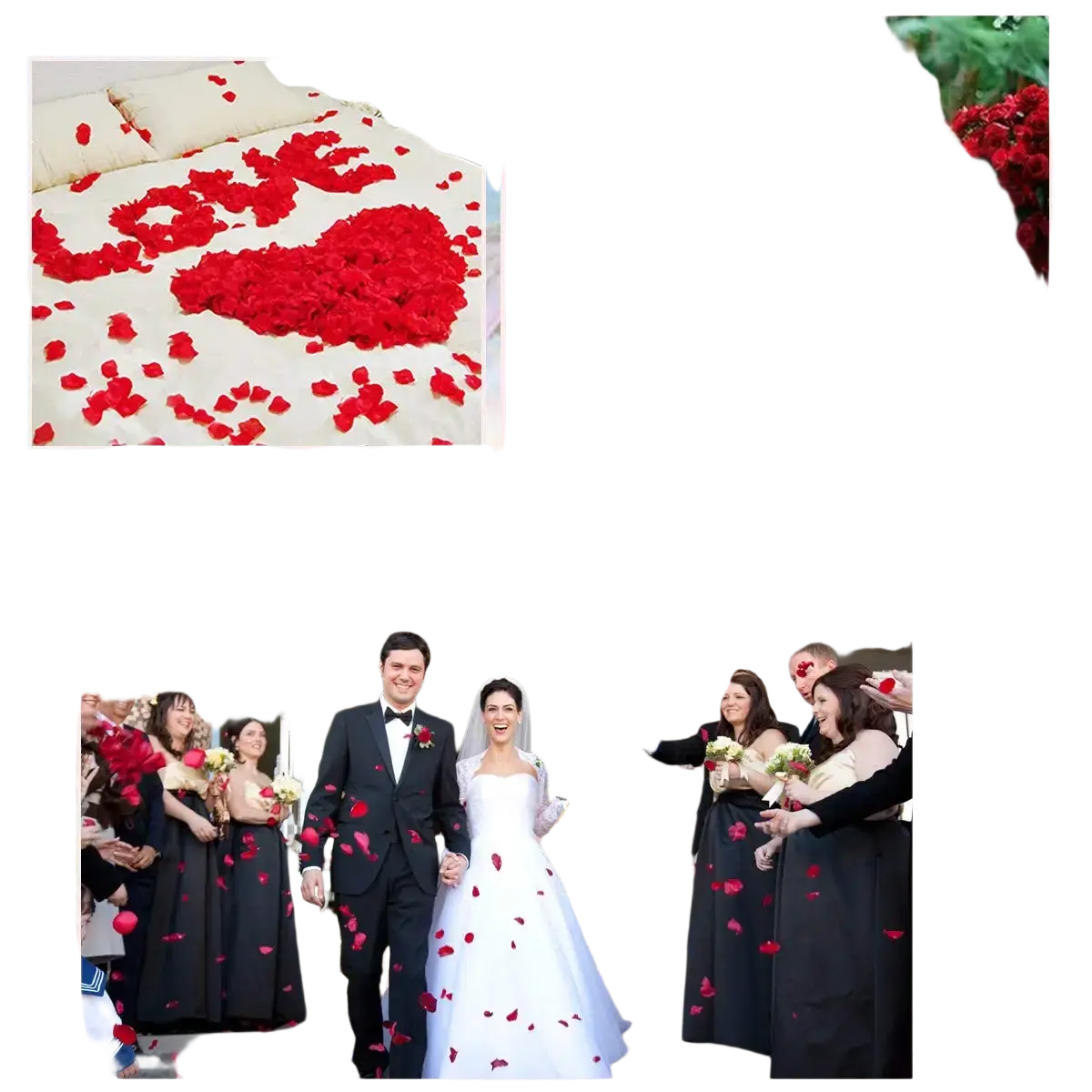 Red heart confetti fabric petals scattered on white bedspread and wedding aisle for party decor and bride celebration