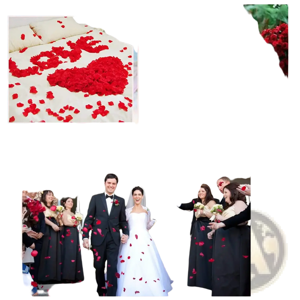 Red heart confetti fabric petals scattered on white bedspread and wedding aisle for party decor and bride celebration
