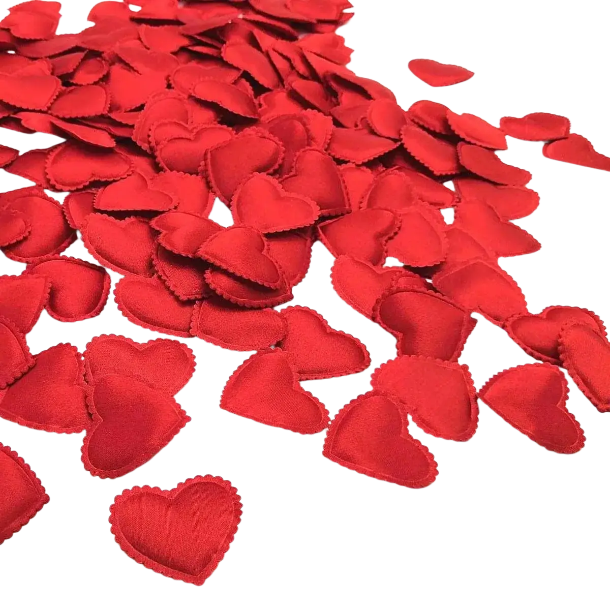 Red heart-shaped satin fabric confetti petals with scalloped edges for wedding party decor