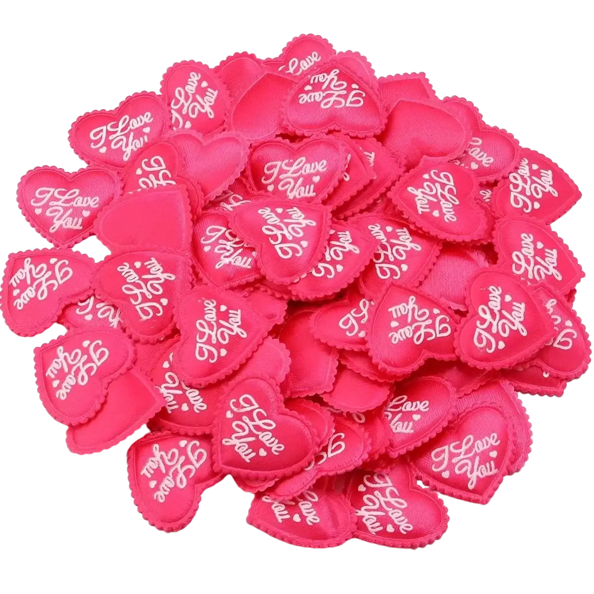 Bright pink heart-shaped fabric patches with white i love you embroidery for valentine parties table decor