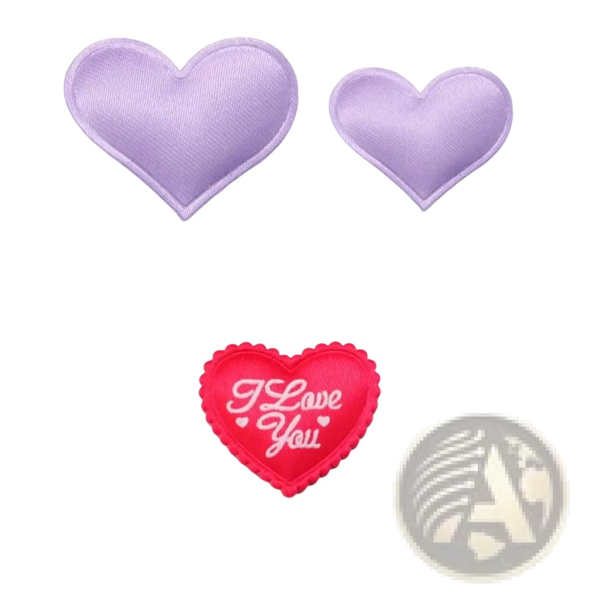 Lavender and red heart-shaped embroidered patches with scalloped edges and i love you script for Valentine parties
