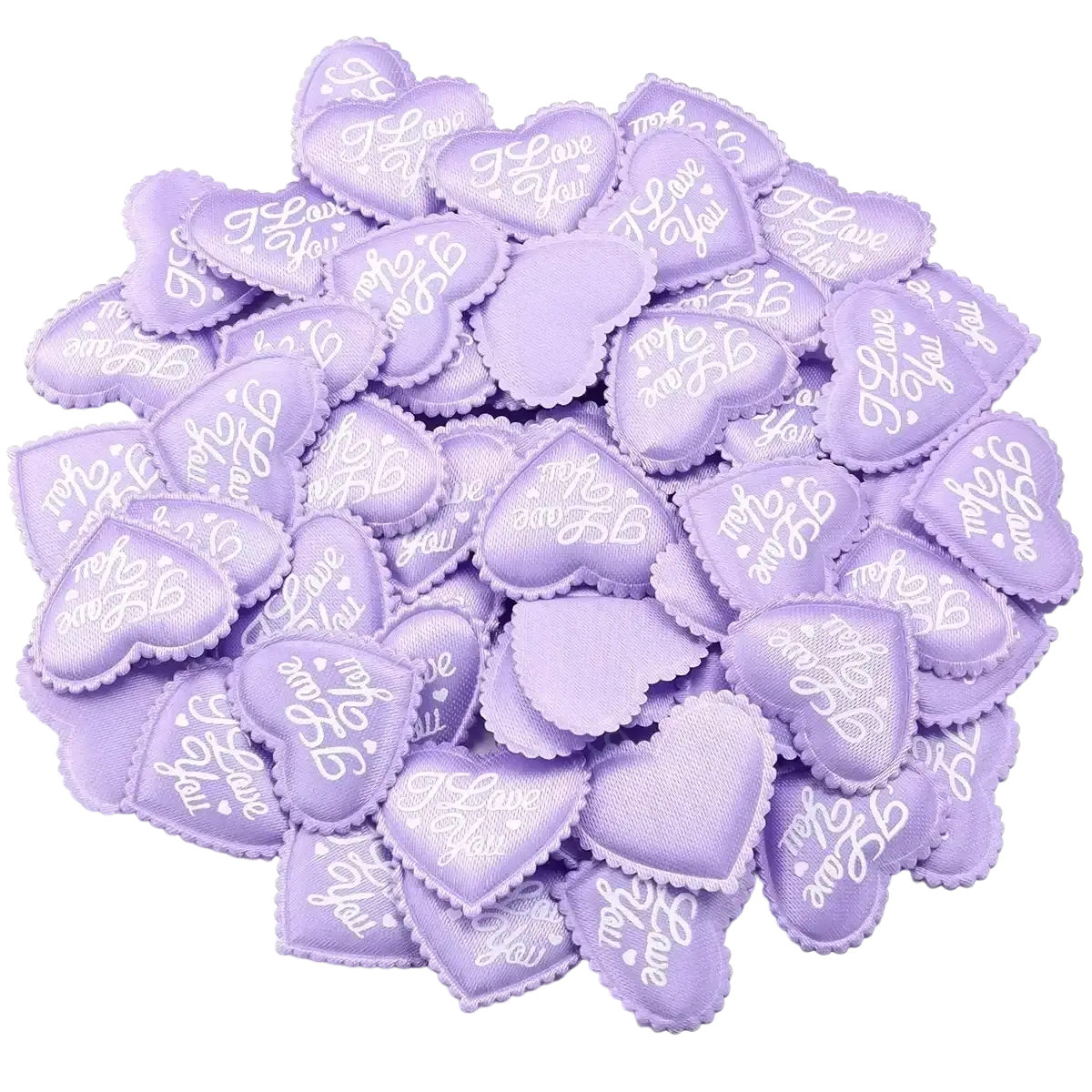 Lavender heart-shaped fabric sachets with white i love you embroidery for valentine party table decor