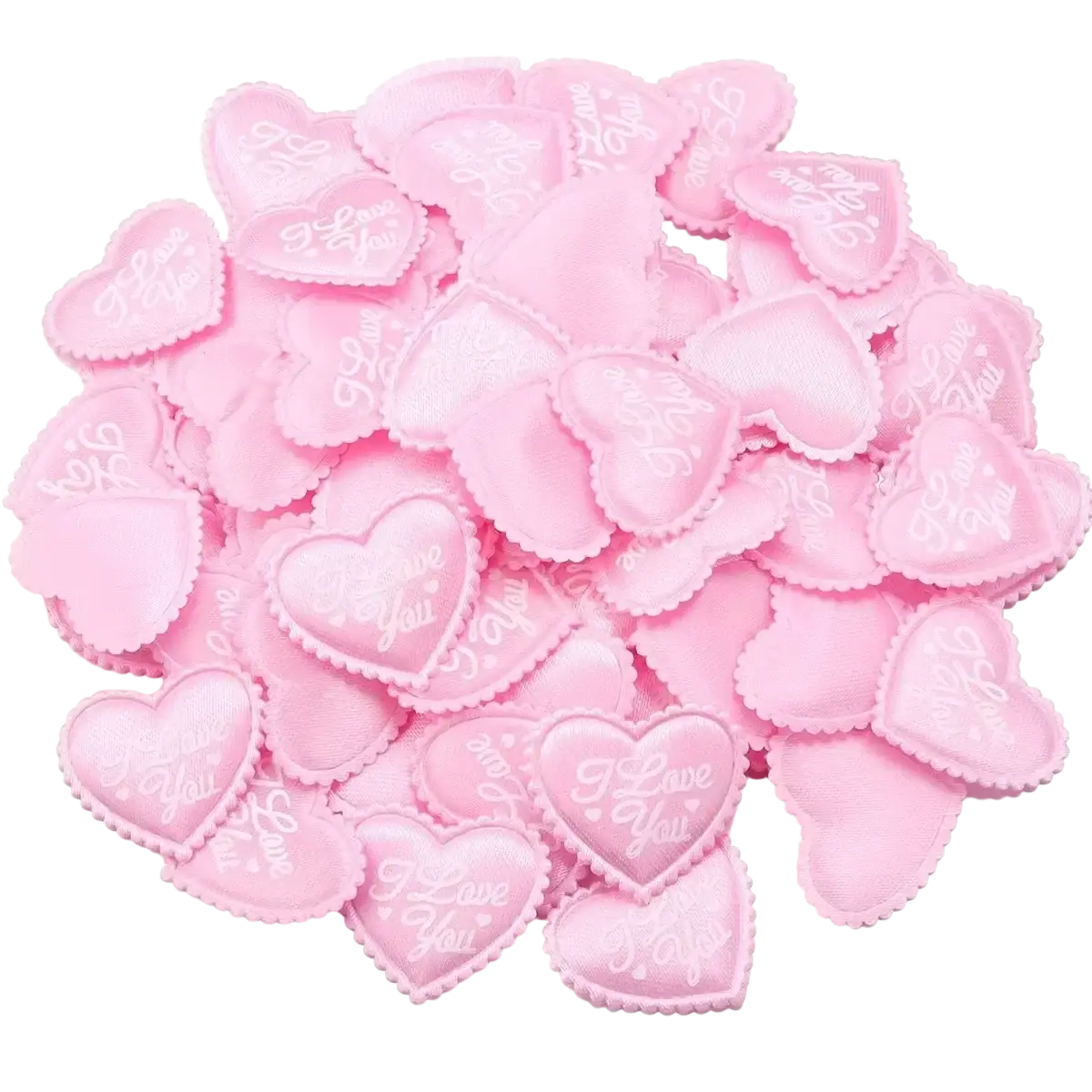 Pink heart-shaped fabric table decor with i love you print and scalloped edges for valentine parties