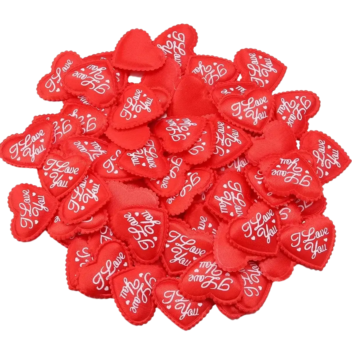 Red heart-shaped fabric patches with white i love you embroidery for heart confetti fabric table decor at valentine parties