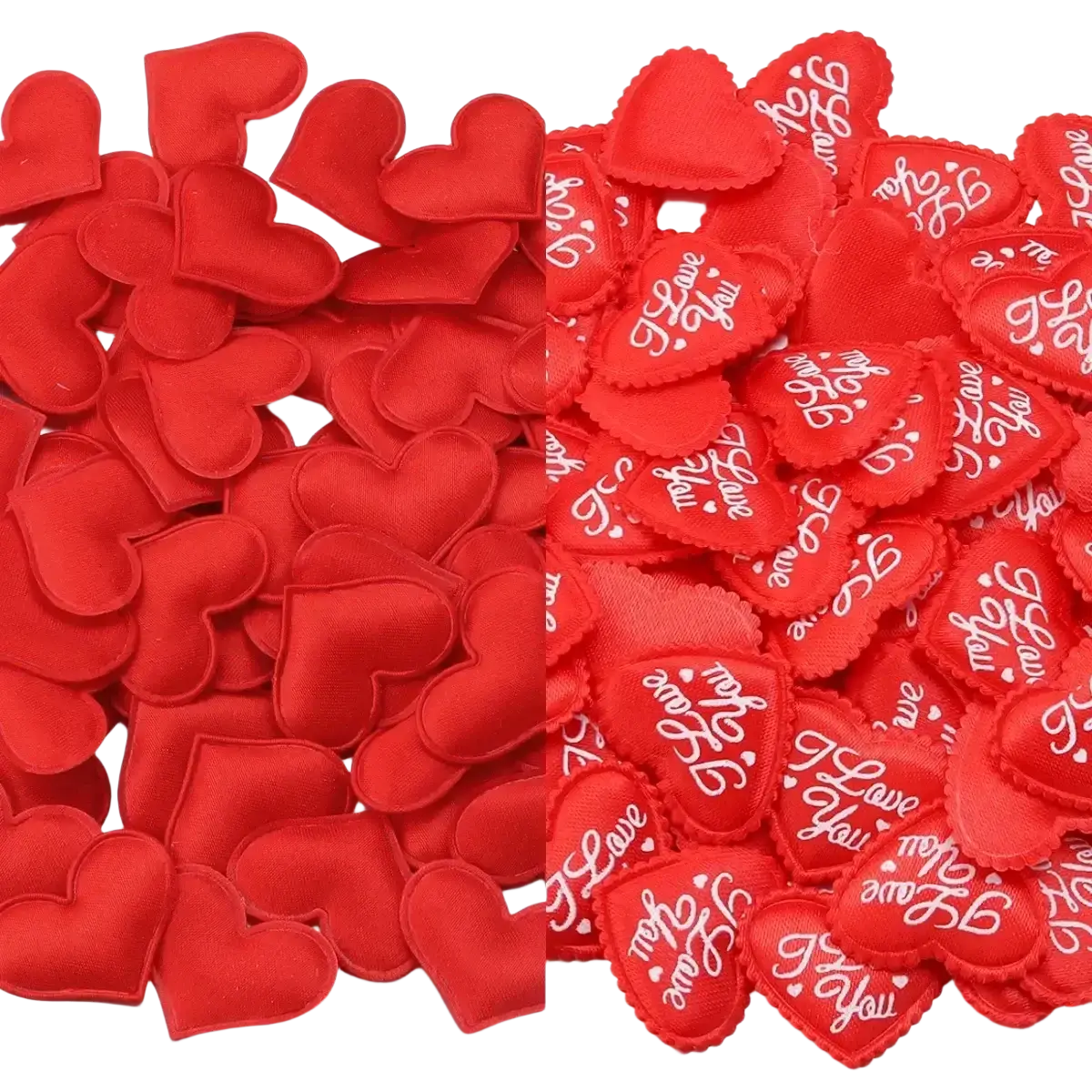 Red heart-shaped fabric charms embroidered with i love you white script for valentine parties heart confetti table decor