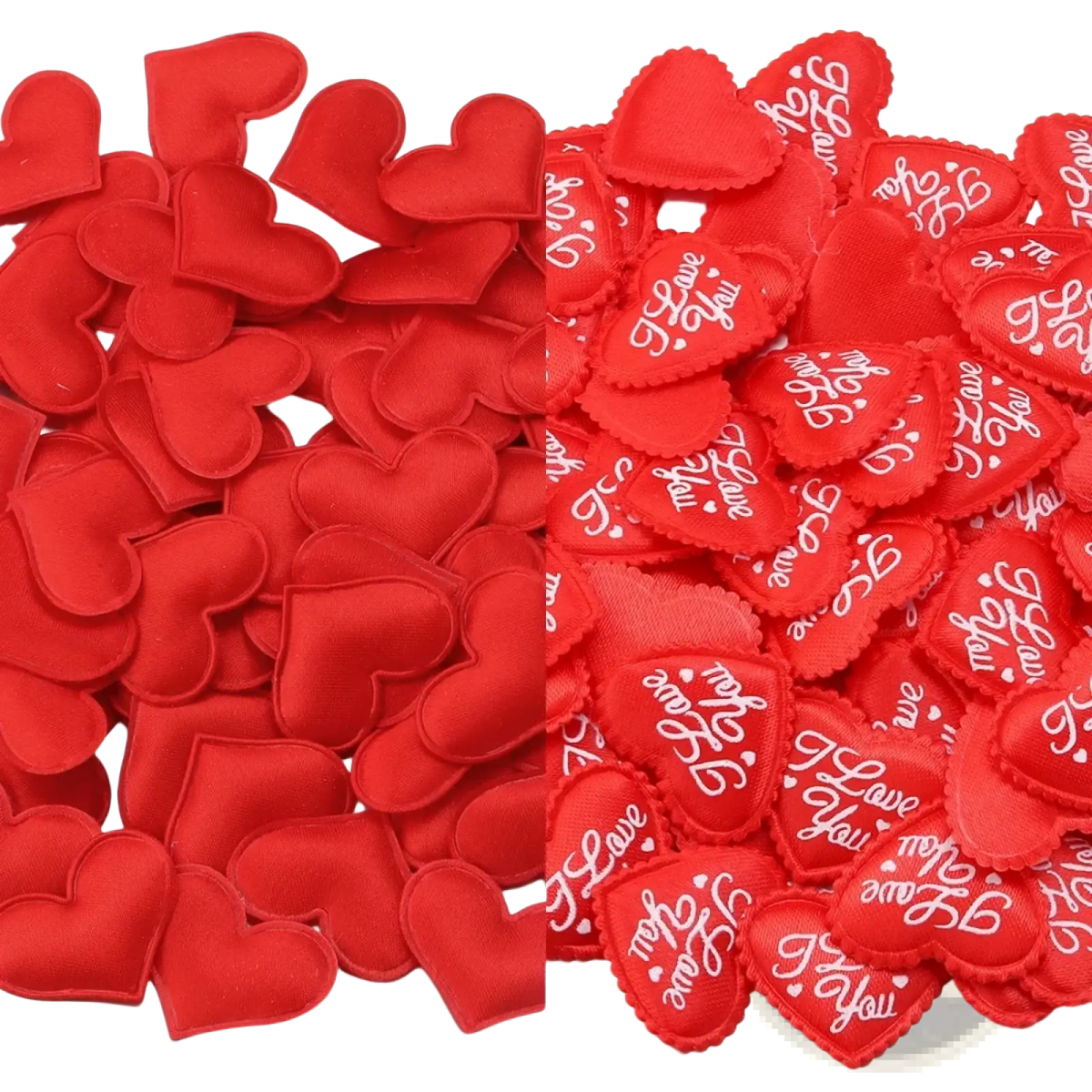 Red heart-shaped fabric table decor charms in plain and embroidered designs for valentine parties confetti
