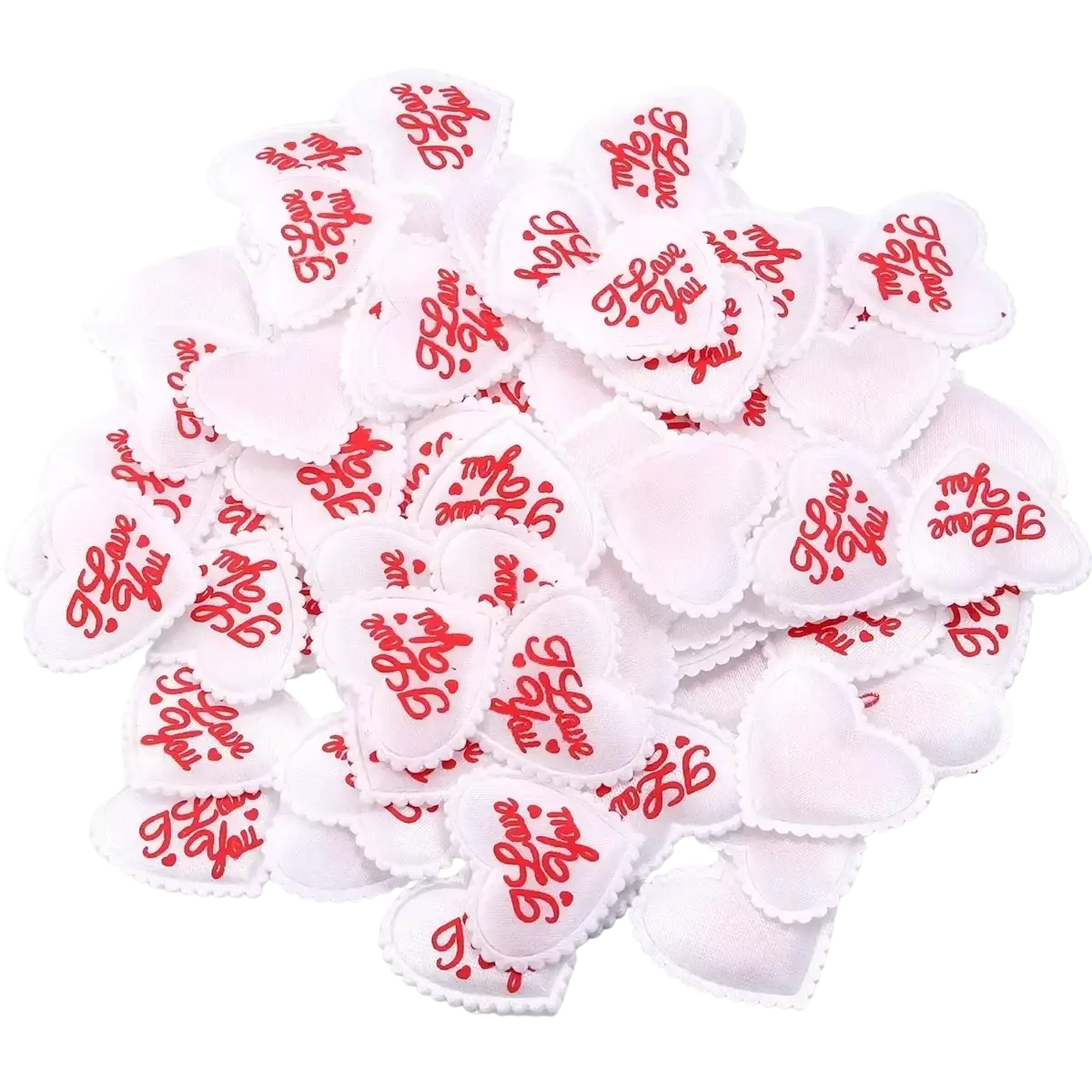 White heart-shaped fabric patches with red i love you embroidery for heart confetti fabric table decor at valentine parties