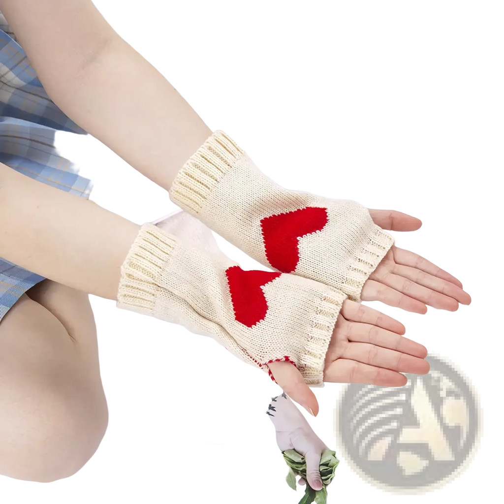 Cream-colored knitted fingerless gloves with red heart embroidery featured in heart fingerless knit arm warmers