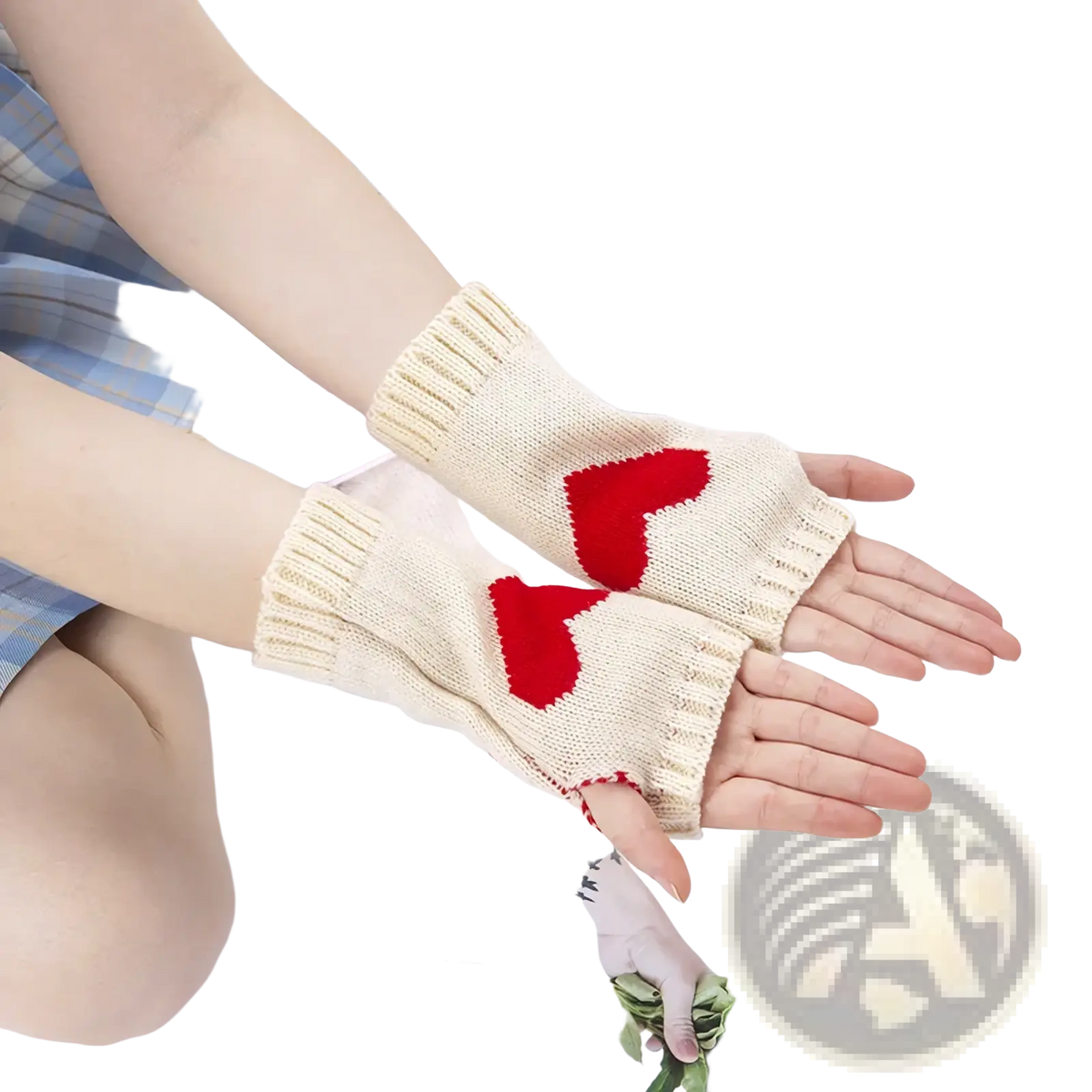 Cream-colored knitted fingerless gloves with red heart embroidery featured in heart fingerless knit arm warmers