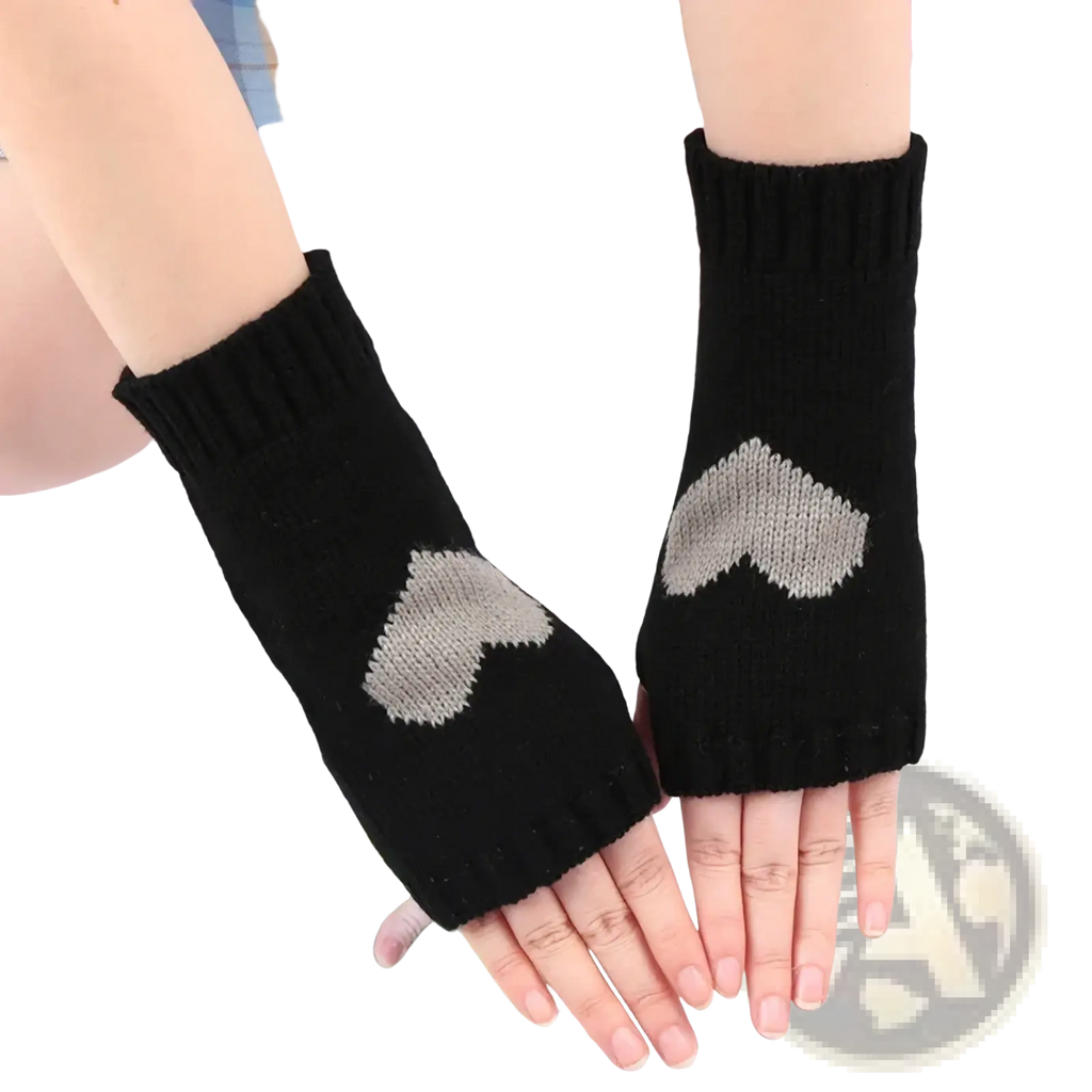 Black knitted fingerless gloves with gray heart design on back side heart fingerless knit arm warmers
