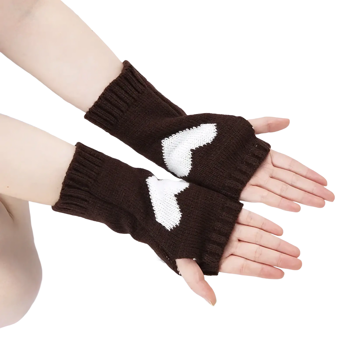 Brown knitted fingerless gloves with white heart designs made of knit fabric in heart fingerless knit arm warmers product