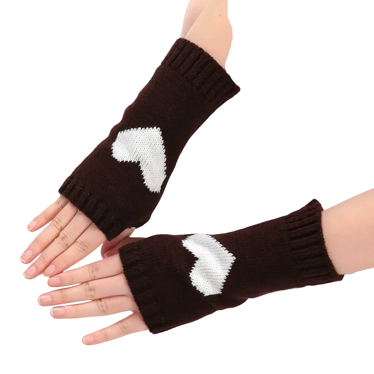 Brown knitted fingerless gloves with white heart designs made as heart fingerless knit arm warmers
