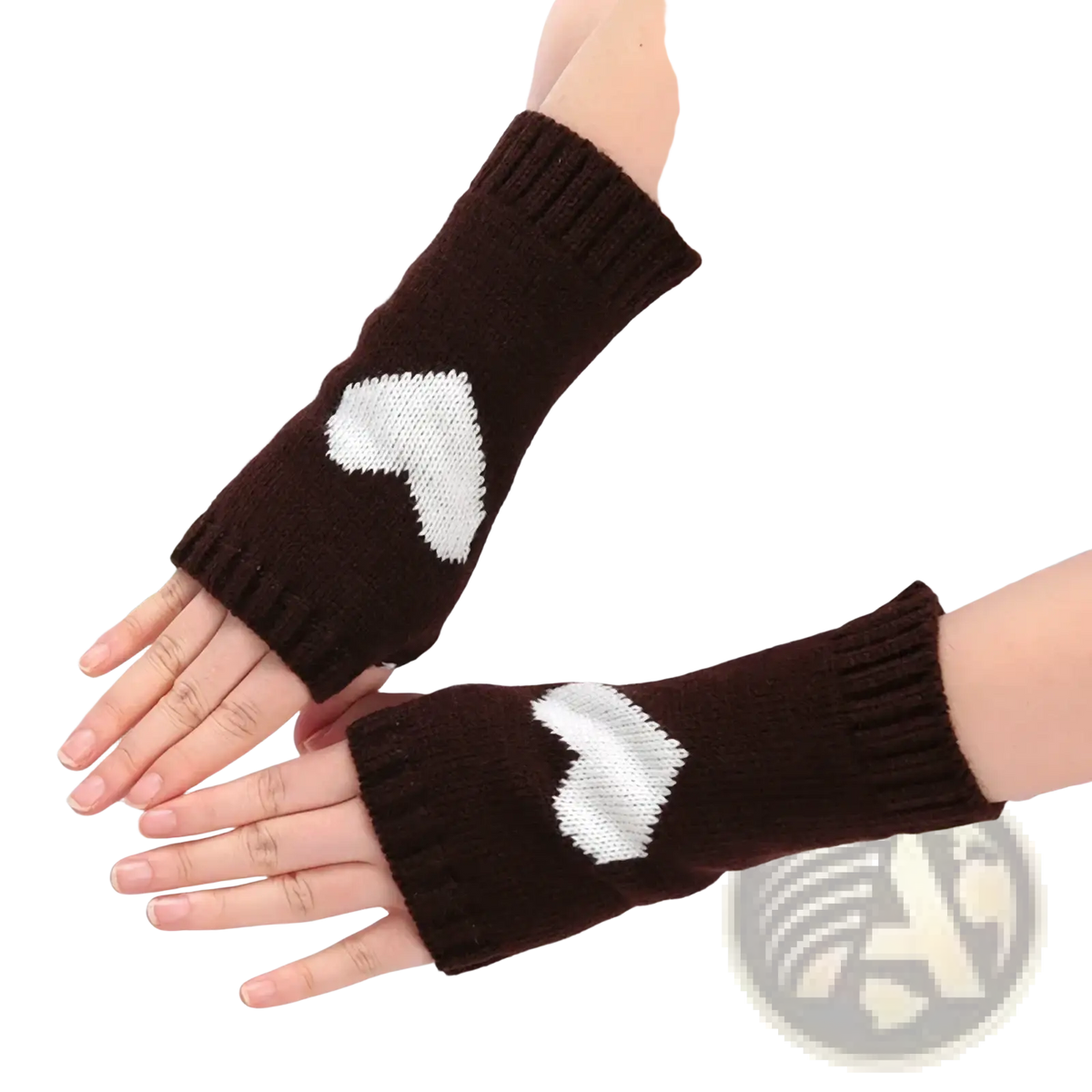 Brown knitted fingerless gloves with white heart designs made as heart fingerless knit arm warmers