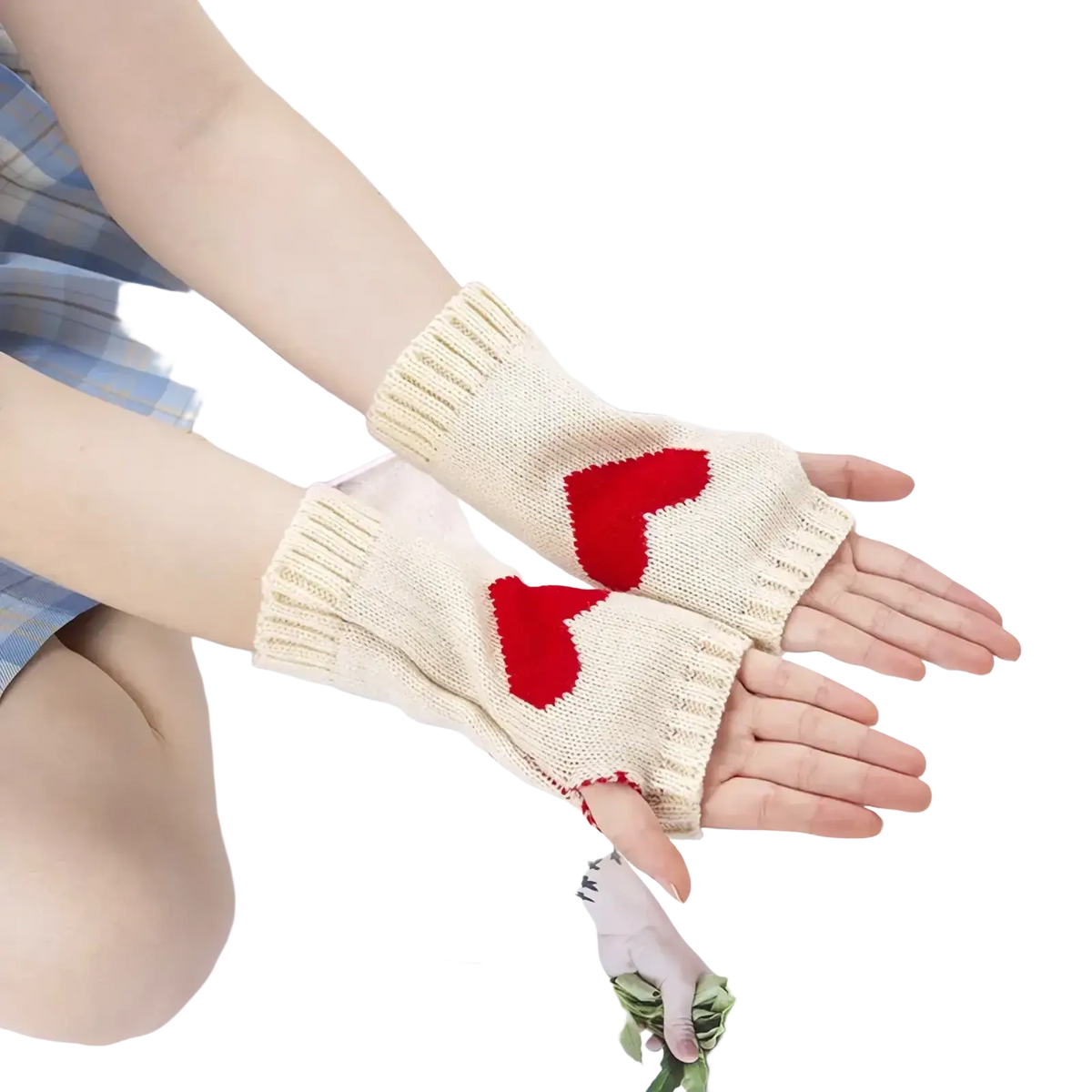Cream-colored knit arm warmers featuring heart fingerless design with red embroidery for stylish warmth