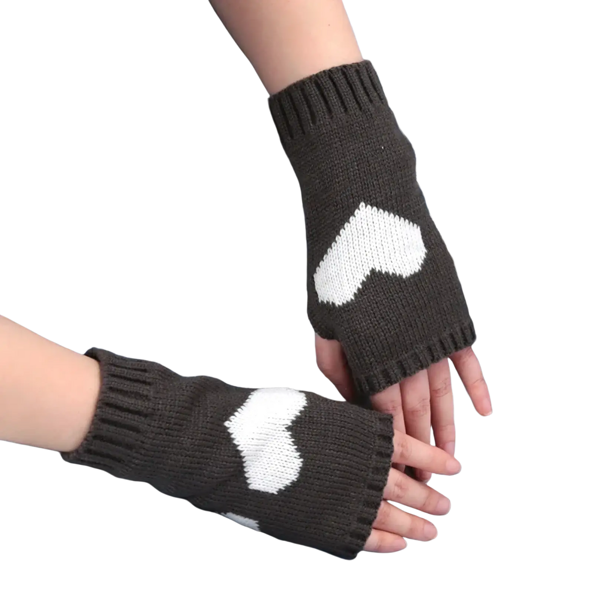 Dark gray knitted fingerless gloves with white heart designs featuring a cozy knit texture and arm warmer style