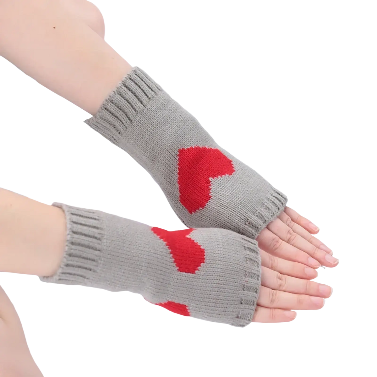 Gray knitted fingerless gloves with red heart designs shown from the back for heart fingerless knit arm warmers