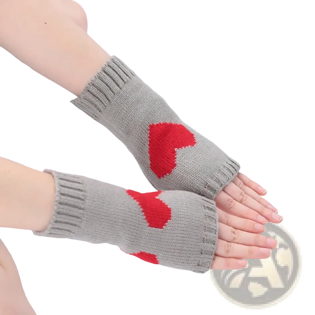 Gray knitted fingerless gloves with red heart designs made of knit material for stylish arm warmth and comfort