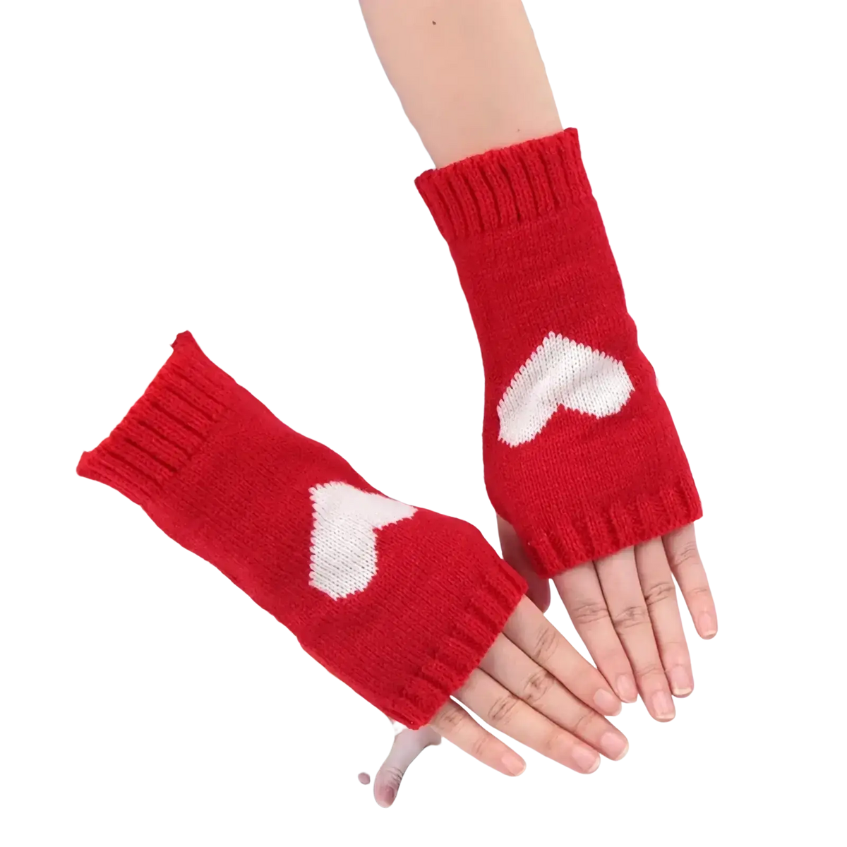 Red knitted heart fingerless arm warmers with white heart designs for stylish and cozy hand warmth
