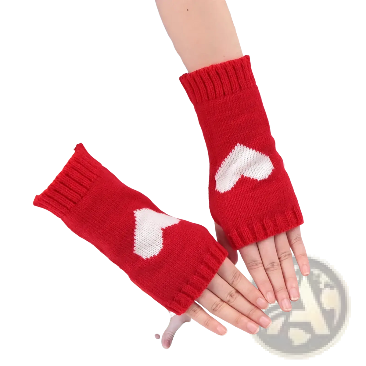 Red knitted fingerless gloves with white heart designs featuring a cozy knit texture for arm warming