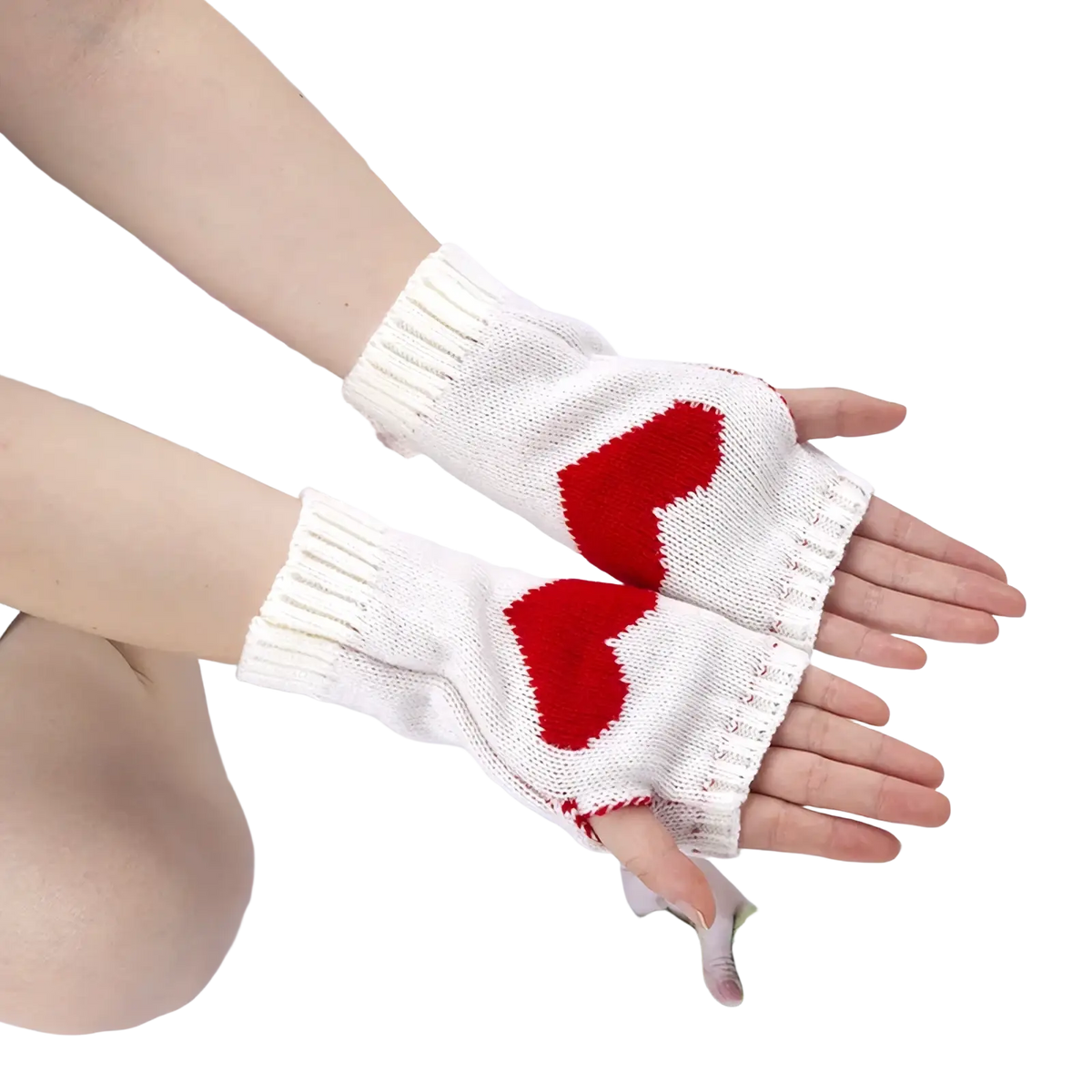 White knitted fingerless gloves with red heart designs knit arm warmers for stylish hand warmth
