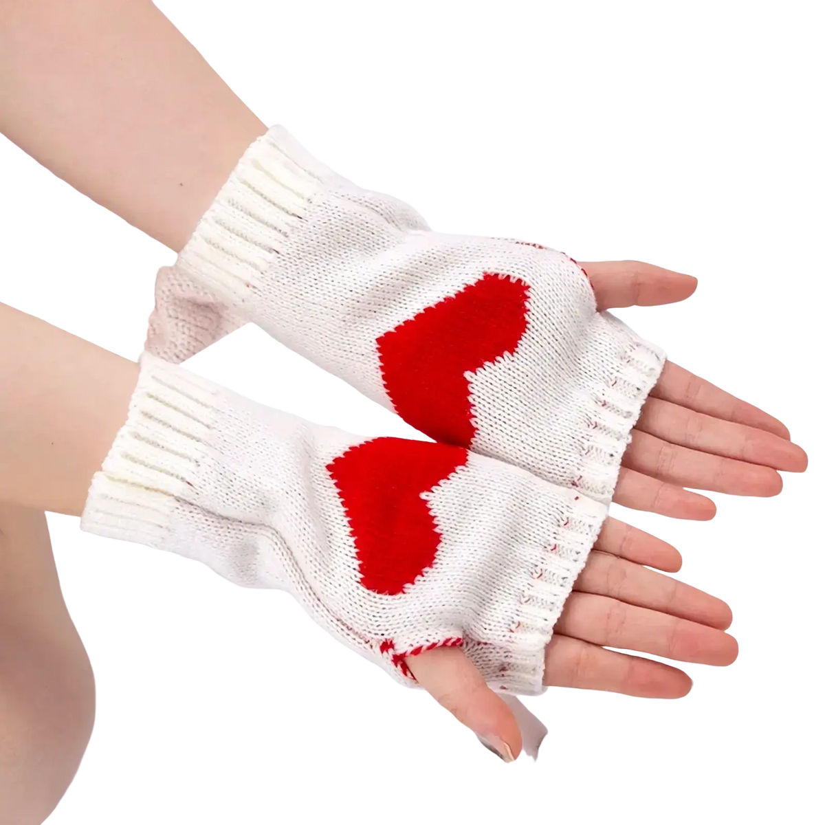 White knitted heart fingerless arm warmers with red heart designs for stylish and cozy knit arm warmers use
