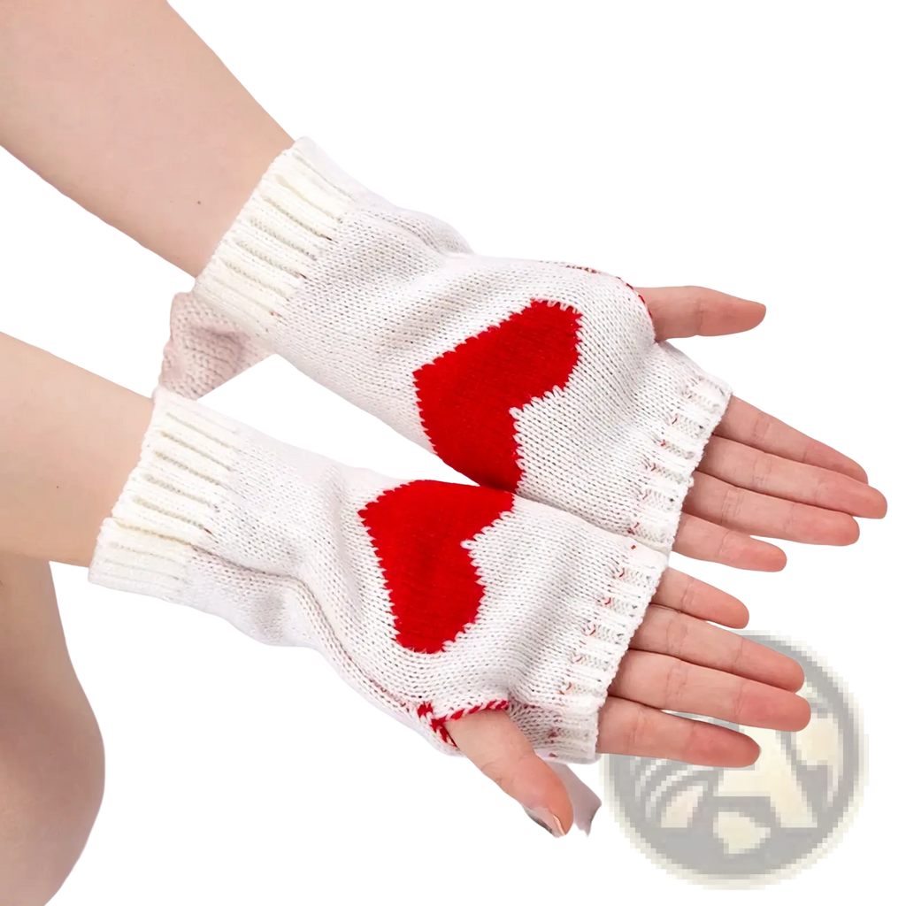 White knitted fingerless gloves with red heart designs featured in heart fingerless knit arm warmers product