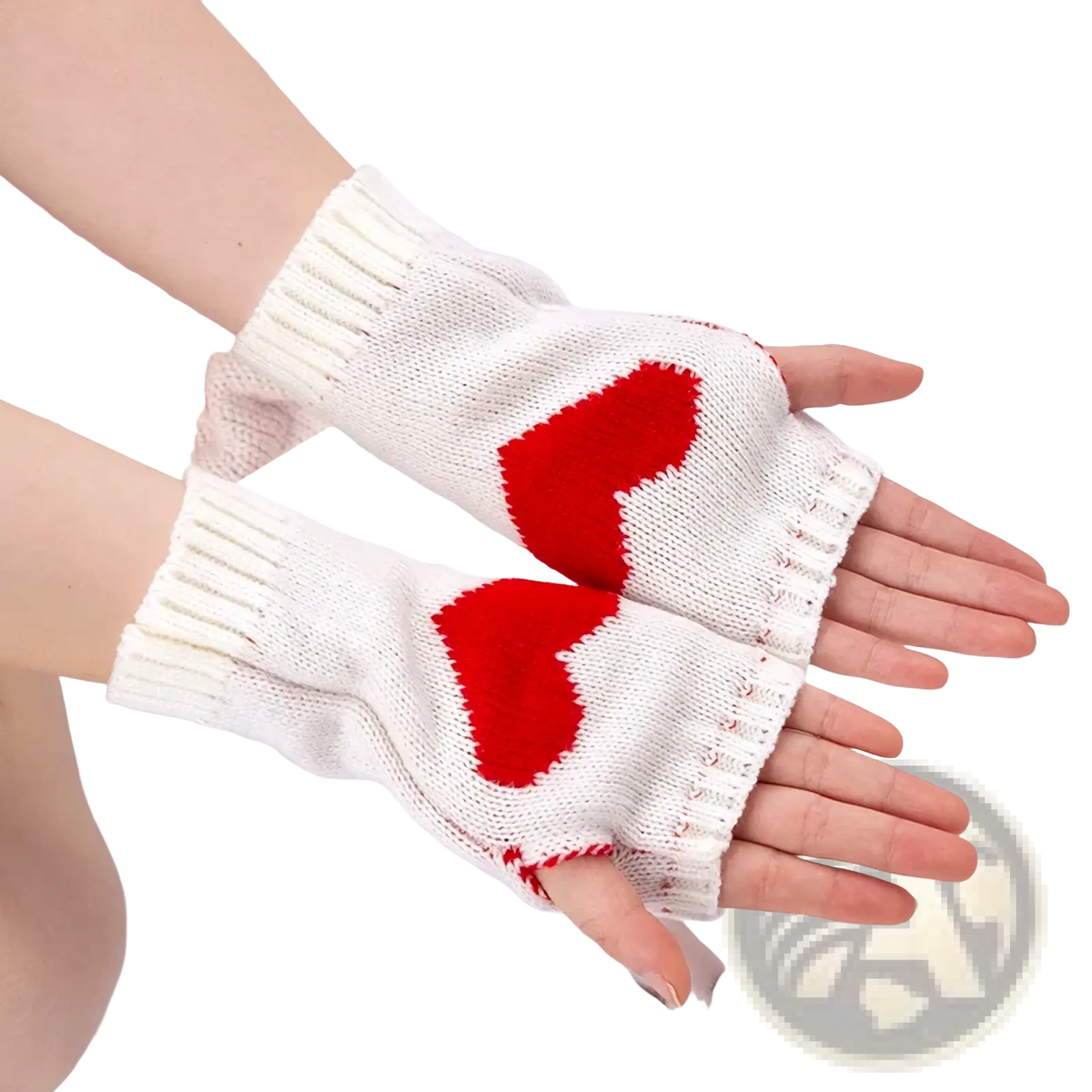 White knitted fingerless gloves with red heart designs featured in heart fingerless knit arm warmers product