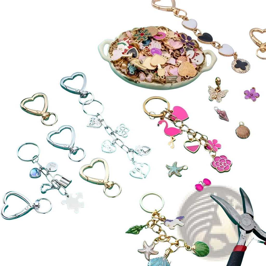 A heart keychain 3pack featuring colorful enamel charms with gold-tone heart-shaped clasp rings