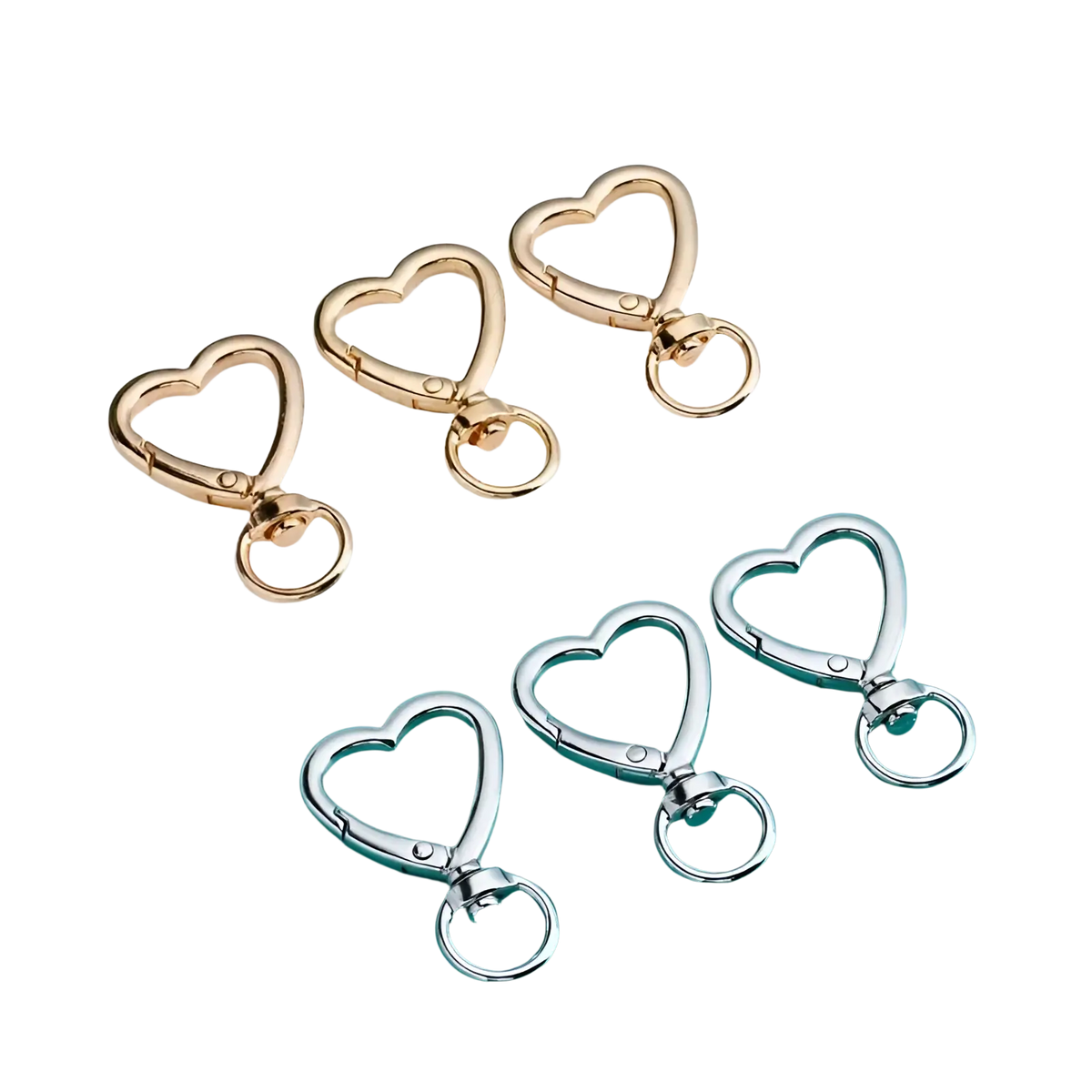 Heart keychain 3pack featuring gold and silver heart-shaped snap hooks with polished metallic finish and enamel accents