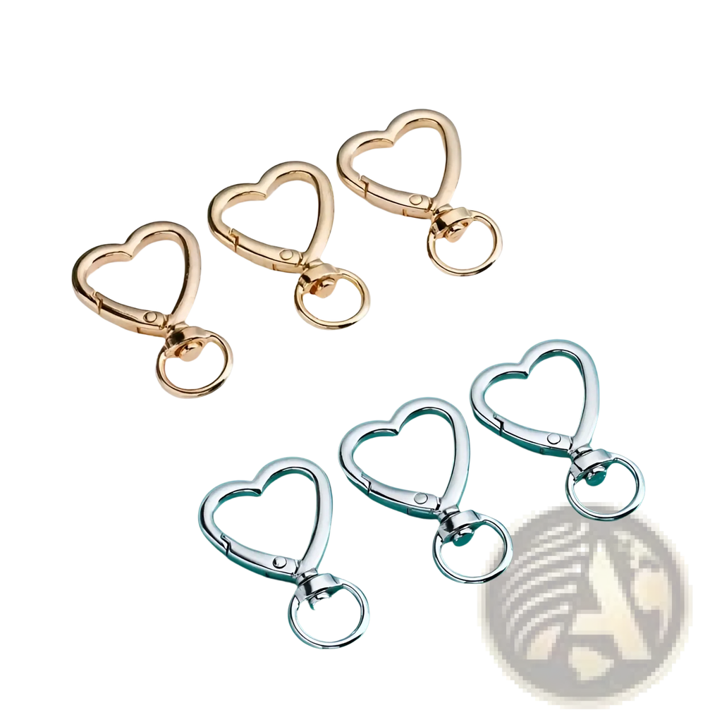 Heart keychain 3pack featuring gold and silver heart-shaped snap hooks with polished metallic finish and enamel accents