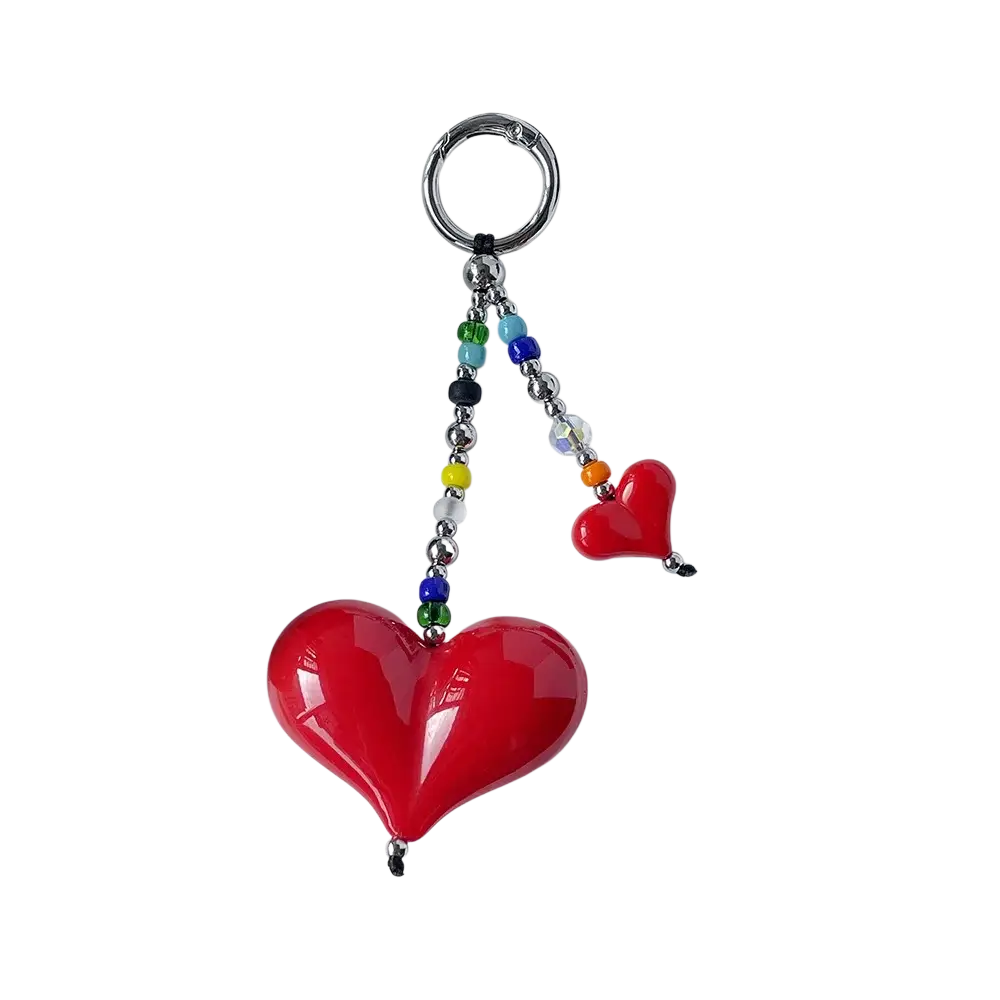 Glossy red heart keychain beaded bag charm with silver ring and colorful beads for decorative use