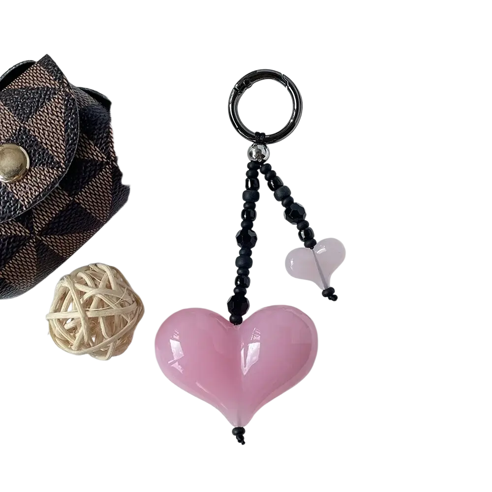 Heart keychain beaded bag charm with a glossy pink heart, black beads, and a silver-toned ring