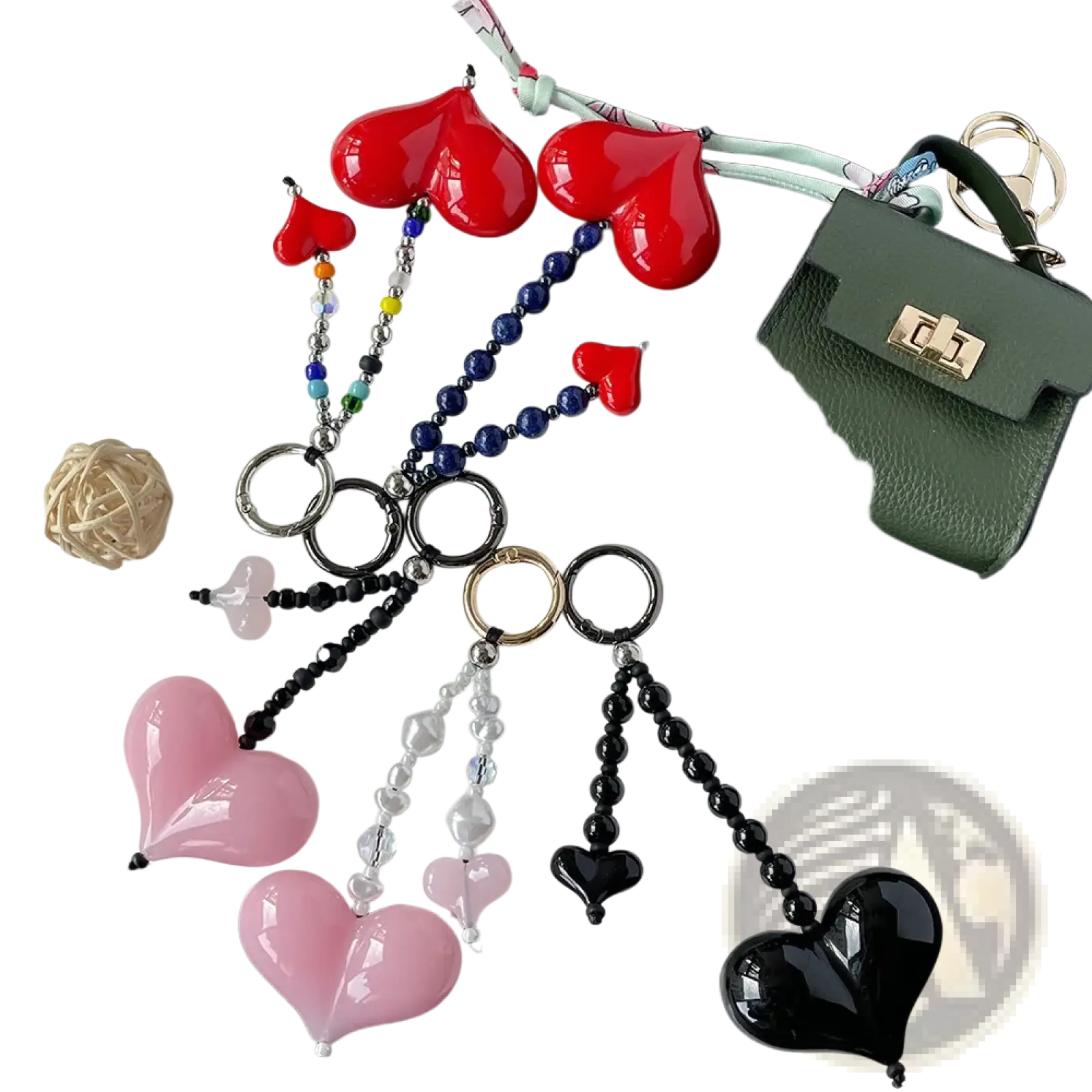 Heart keychain beaded bag charm featuring glossy red pink and black heart shapes with multicolored beaded chains