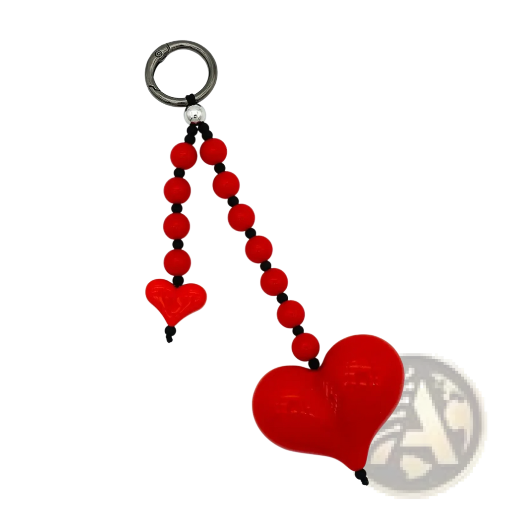 Red heart keychain beaded bag charm with glossy finish and red black bead chain featuring two dangling hearts