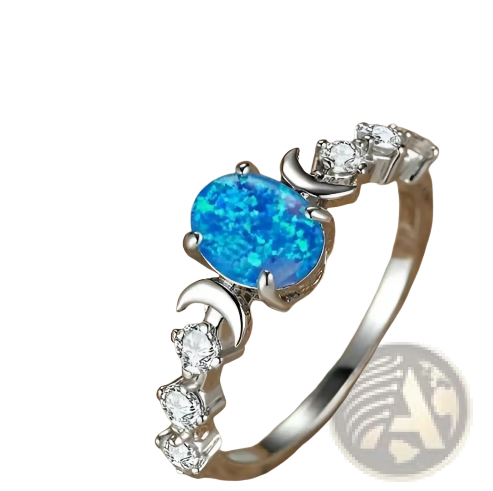 Heart opal crescent moon ring with a silver band featuring a blue opal center and diamond crescent accents