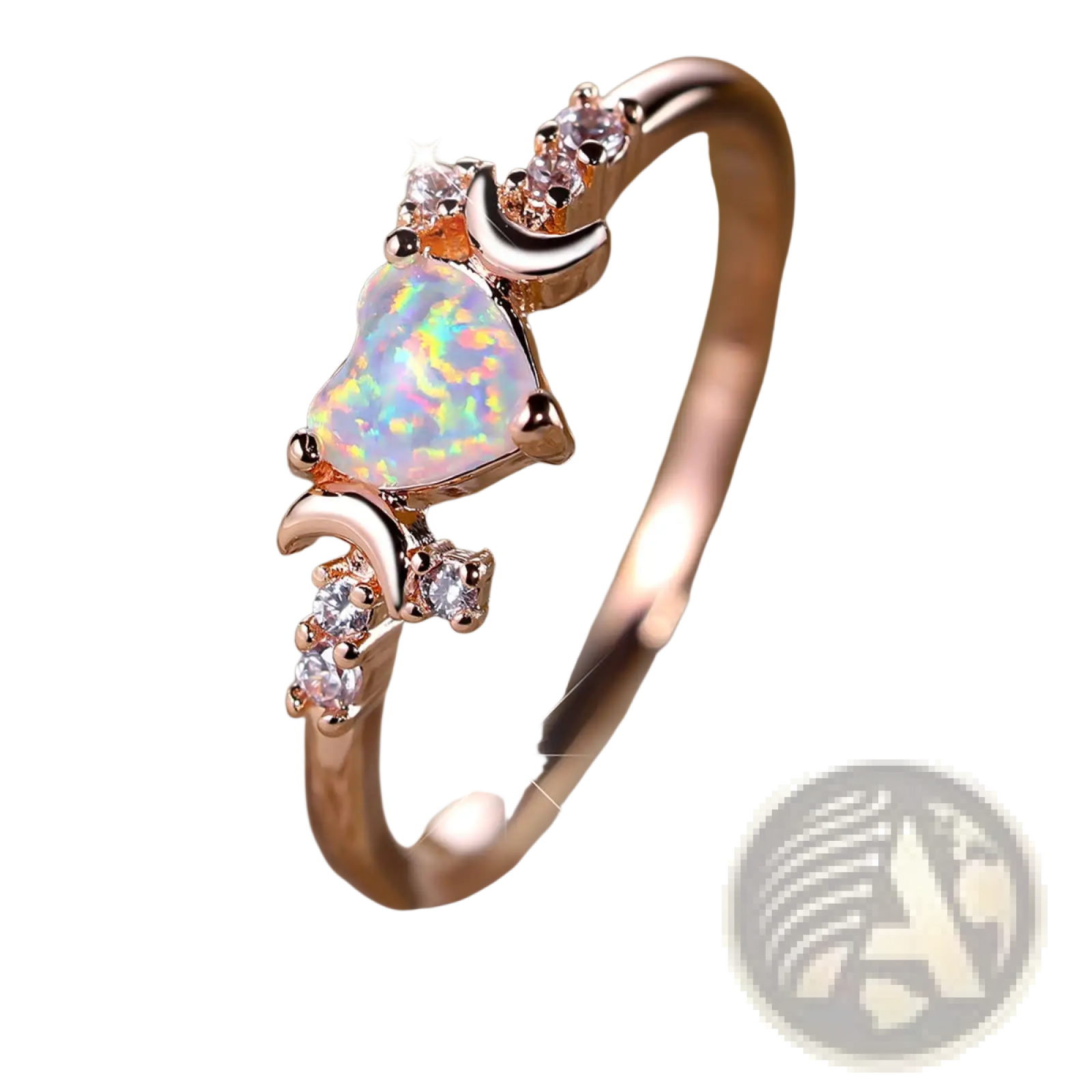 A rose gold heart opal crescent moon ring with diamonds featuring a central heart-shaped opal and clear gemstones