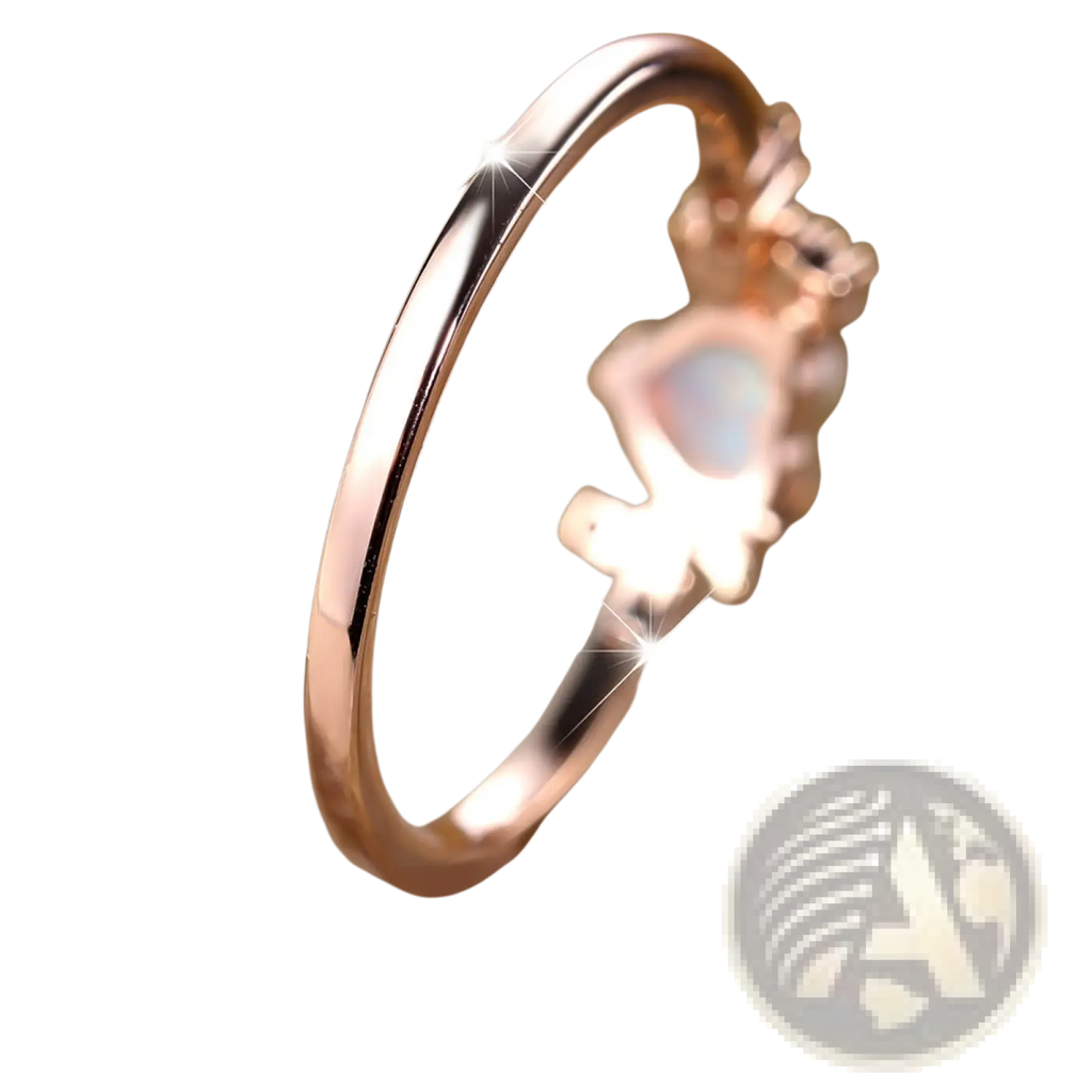 Heart opal crescent moon ring in rose gold featuring a central opal stone with an ornate crown-like design