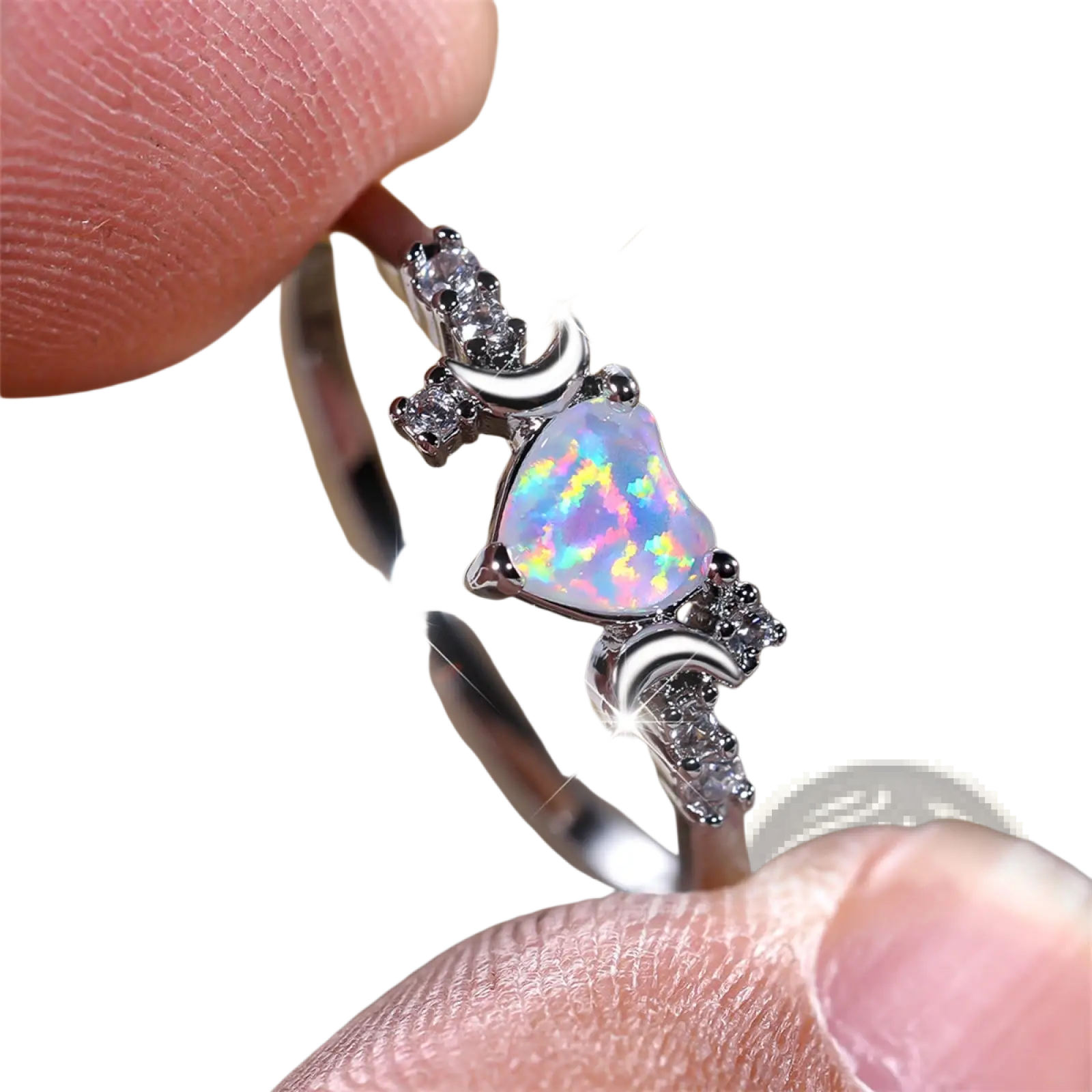 Delicate silver heart opal crescent moon ring with iridescent hues and sparkling clear diamond gemstones