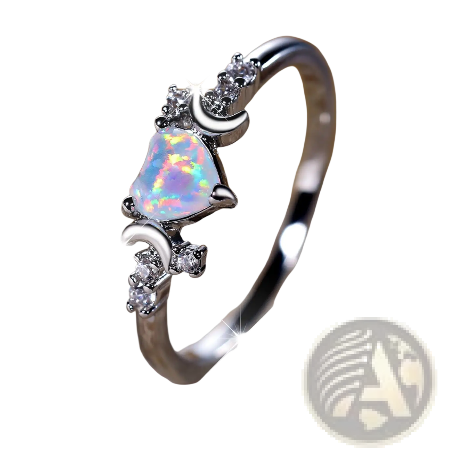 A delicate silver heart opal crescent moon ring with iridescent stone and sparkling diamond accents